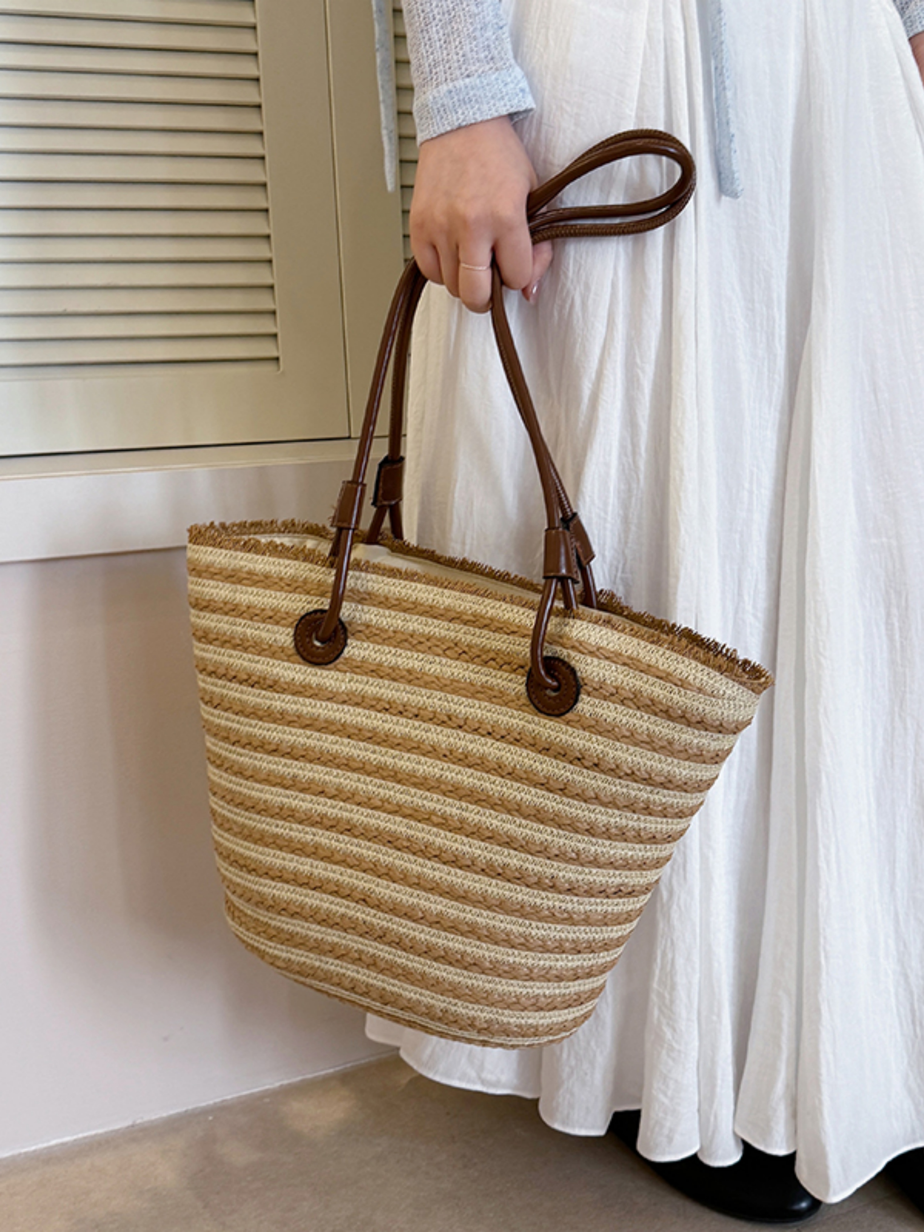 Multi-Striped Straw Tote Bag