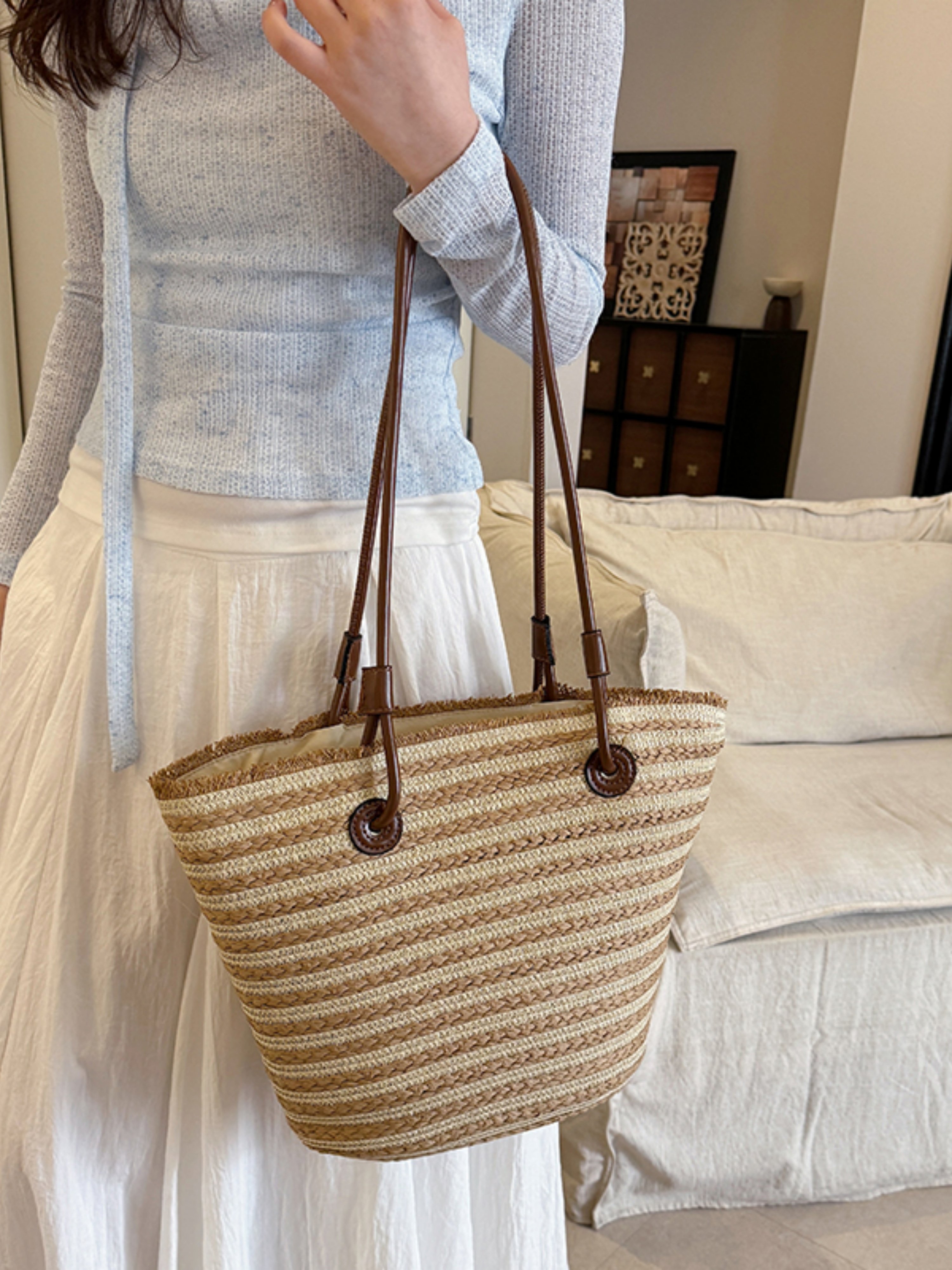 Multi-Striped Straw Tote Bag