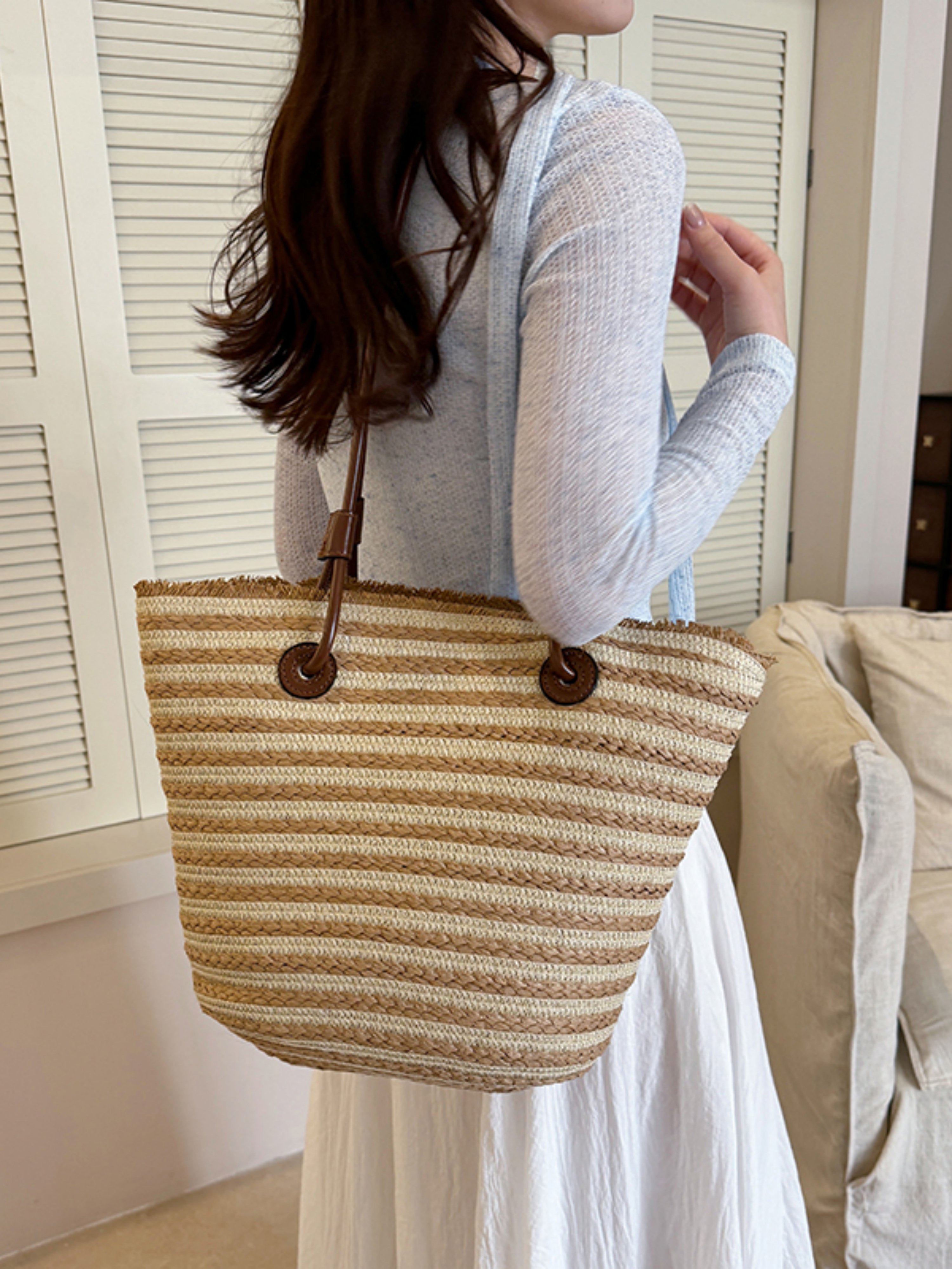Multi-Striped Straw Tote Bag