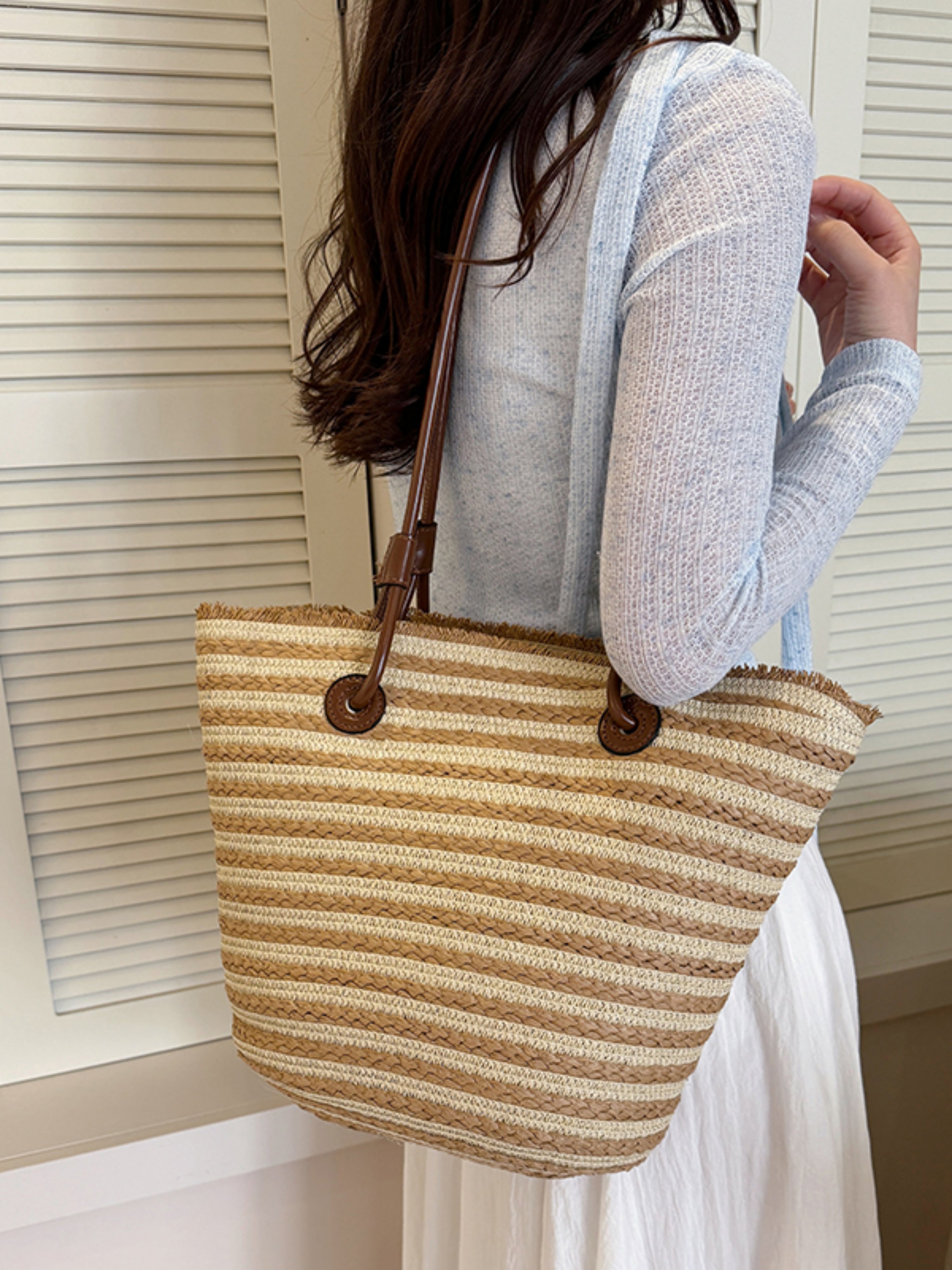 Multi-Striped Straw Tote Bag