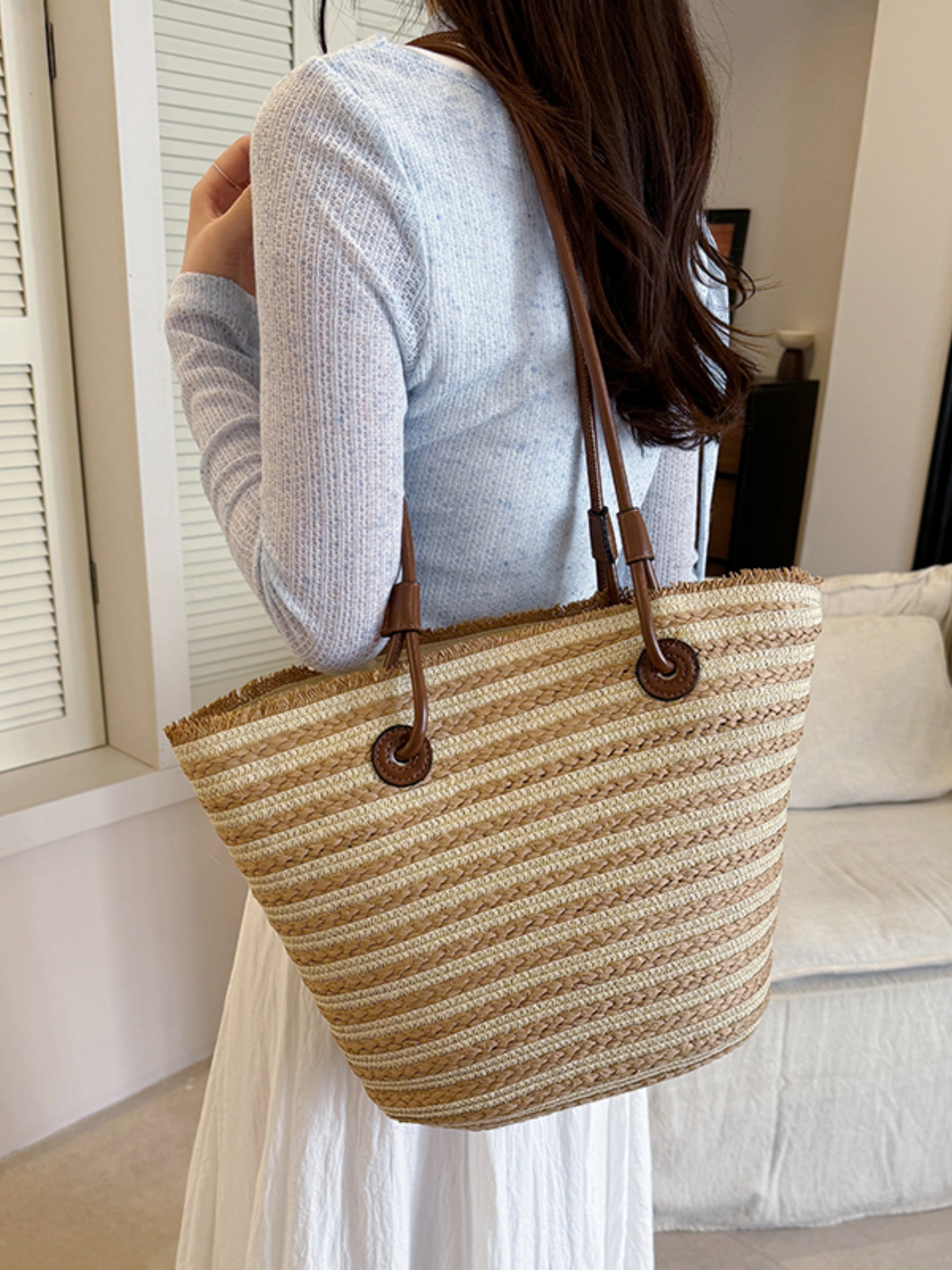 Multi-Striped Straw Tote Bag
