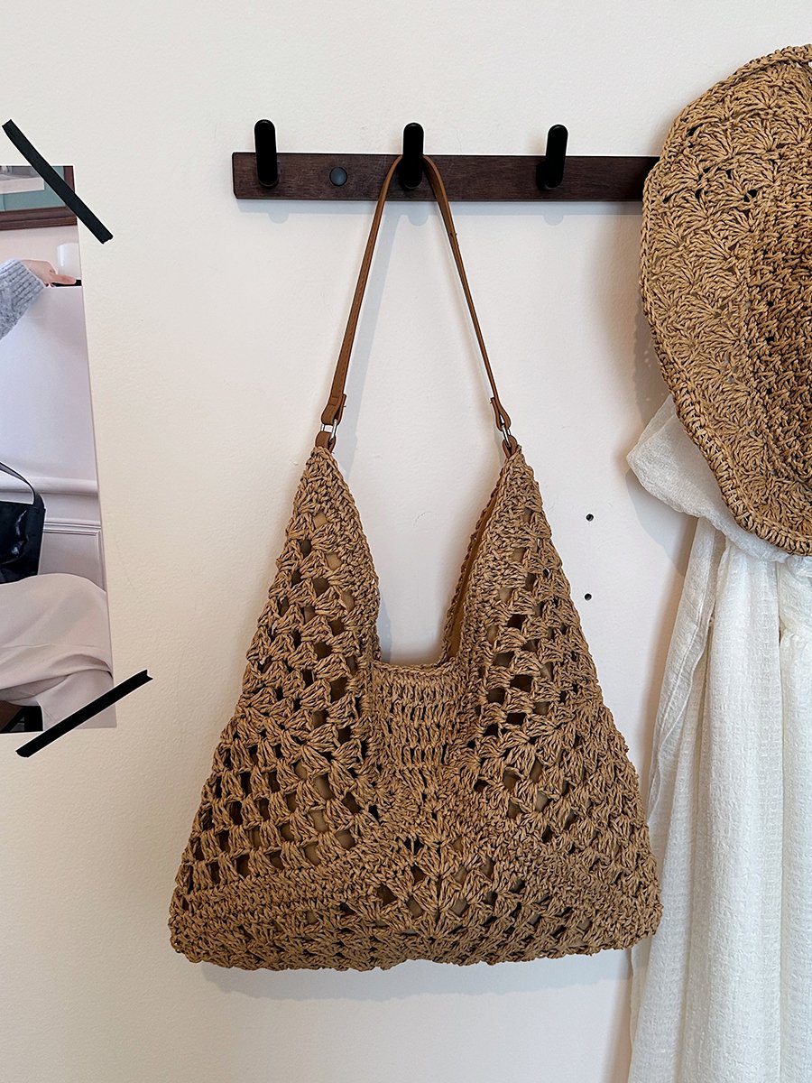 Brown Crochet Knit Tote Shoulder Bag