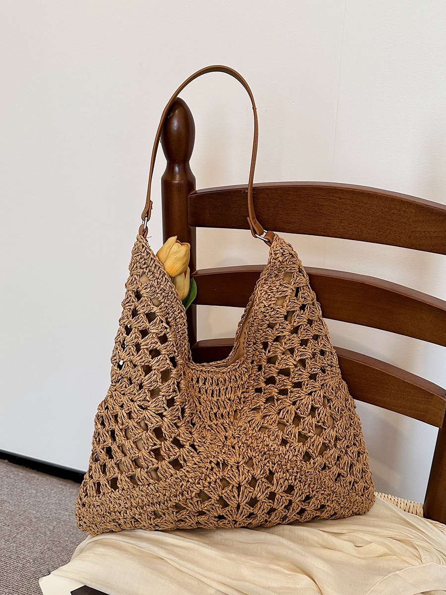 Brown Crochet Knit Tote Shoulder Bag