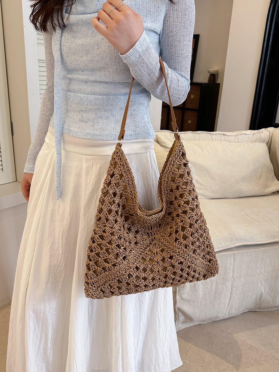 Brown Crochet Knit Tote Shoulder Bag
