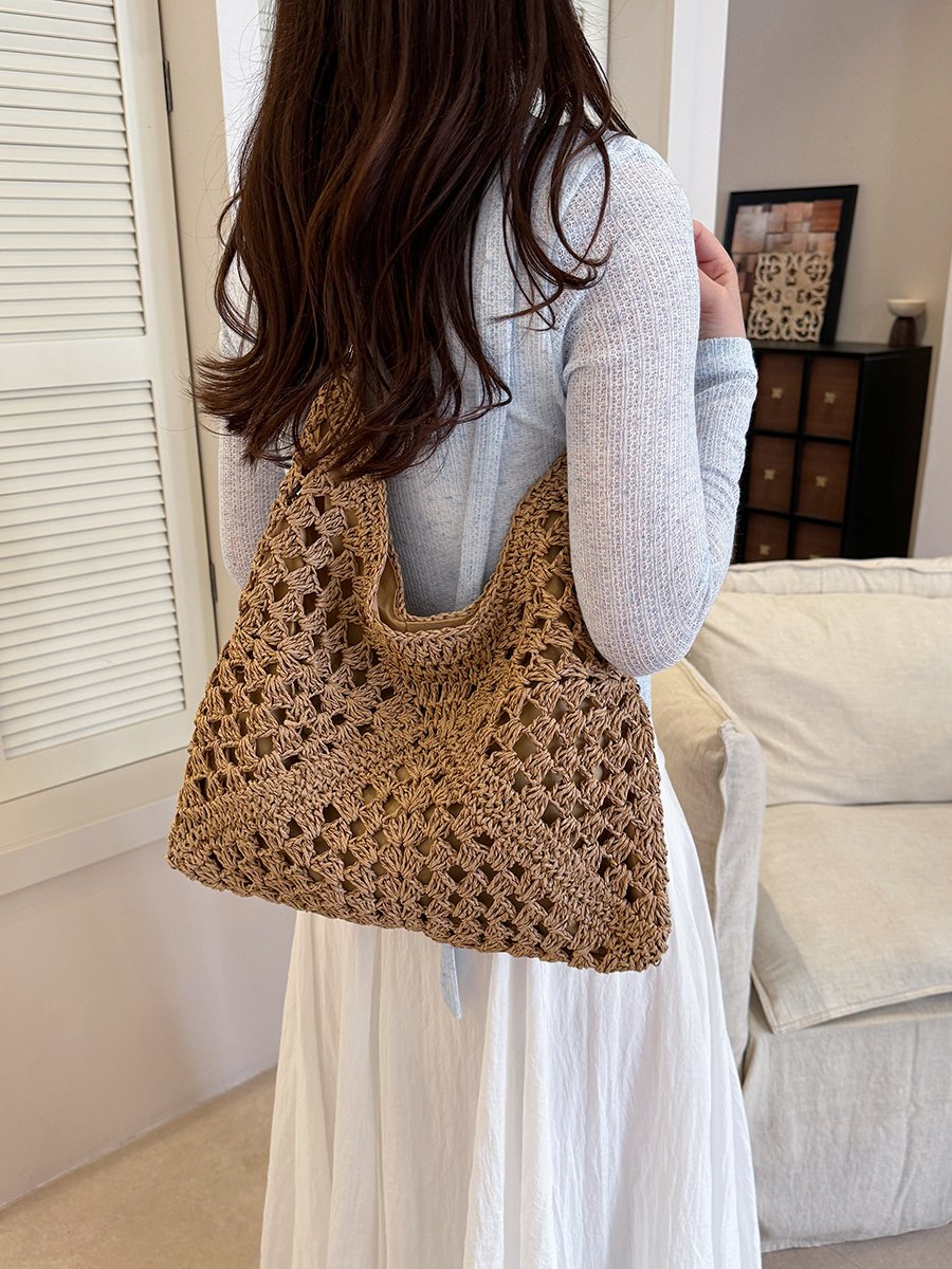 Brown Crochet Knit Tote Shoulder Bag