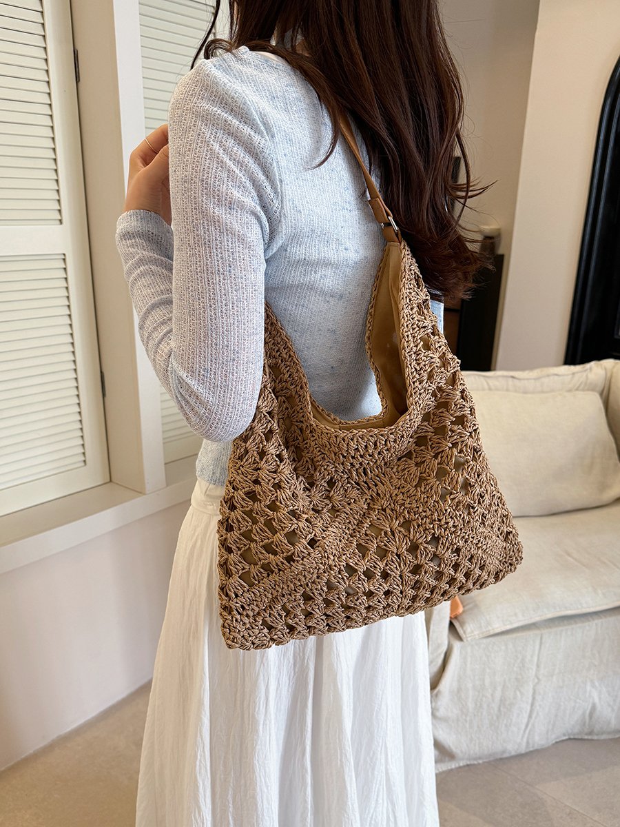 Brown Crochet Knit Tote Shoulder Bag