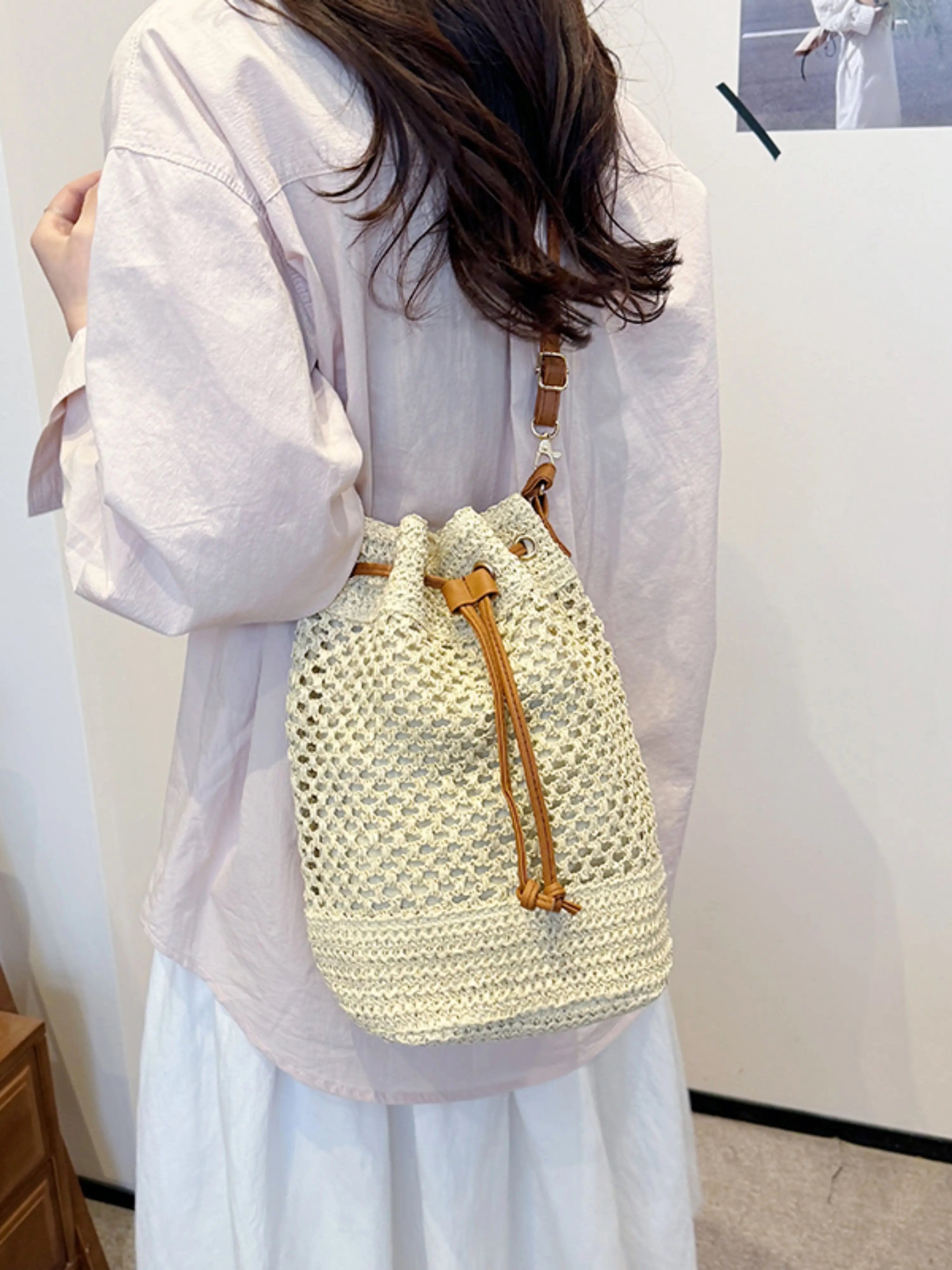 Beige Crochet Bucket Shoulder Bag