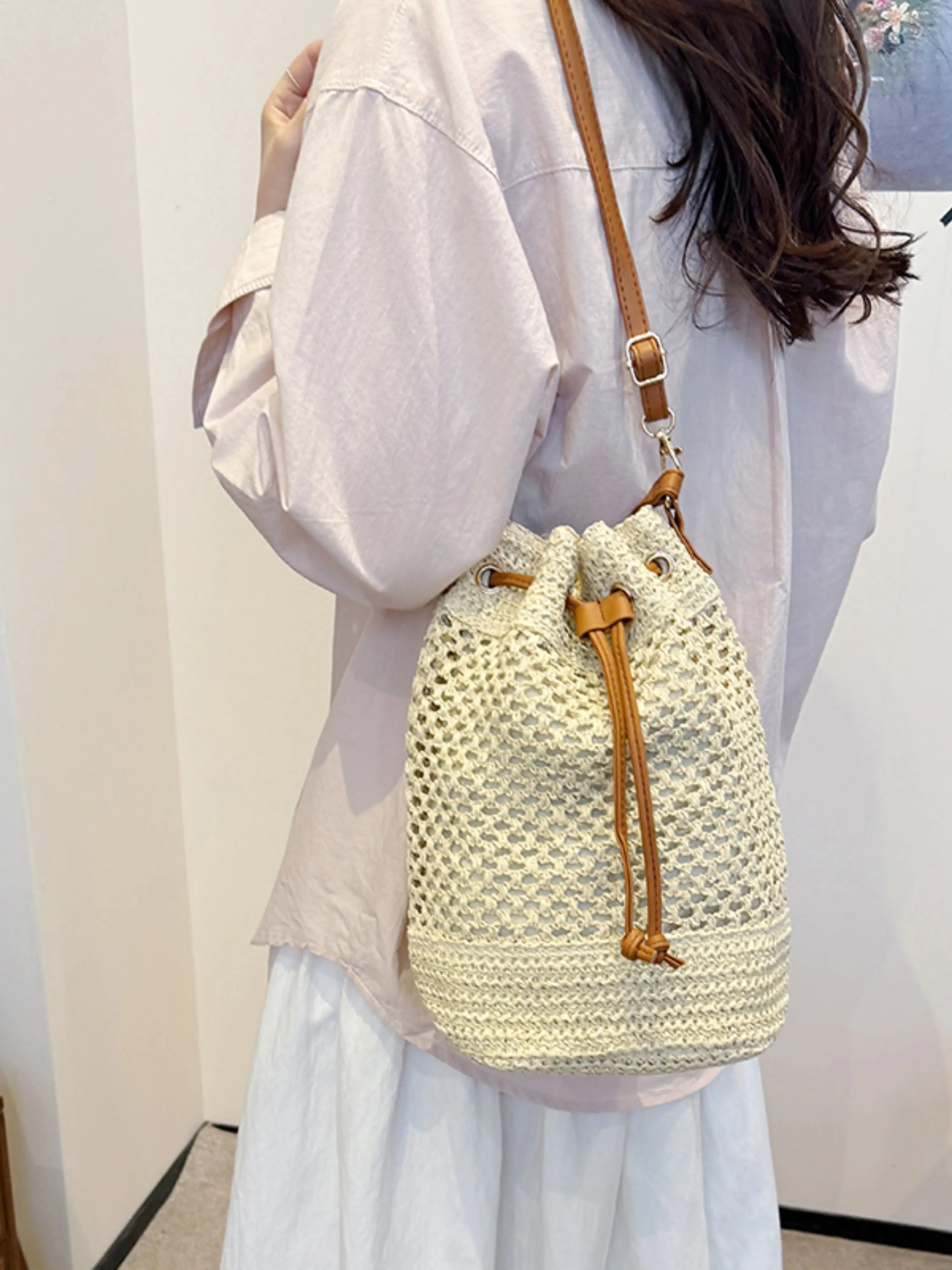 Beige Crochet Bucket Shoulder Bag