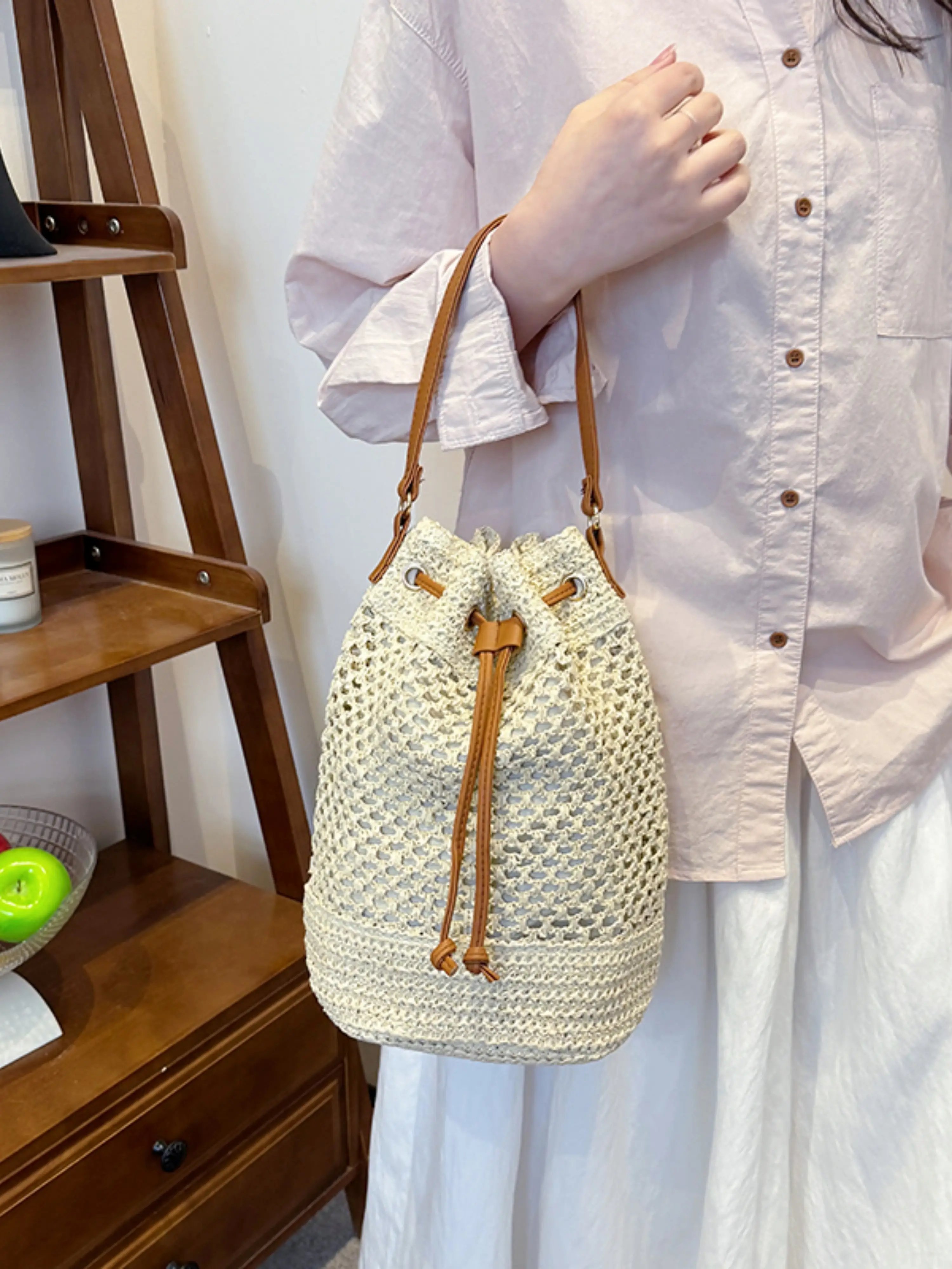 Beige Crochet Bucket Shoulder Bag
