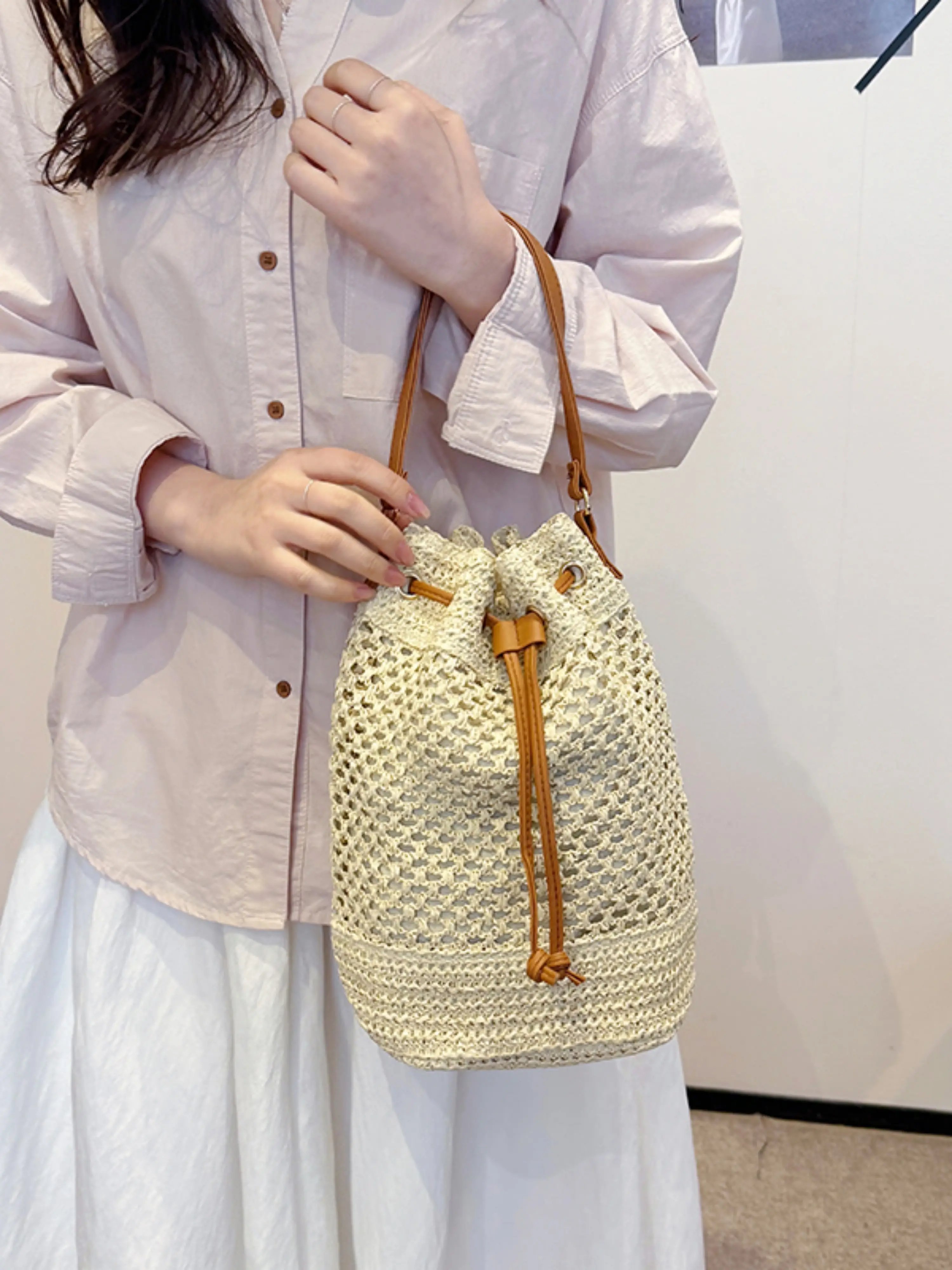 Beige Crochet Bucket Shoulder Bag