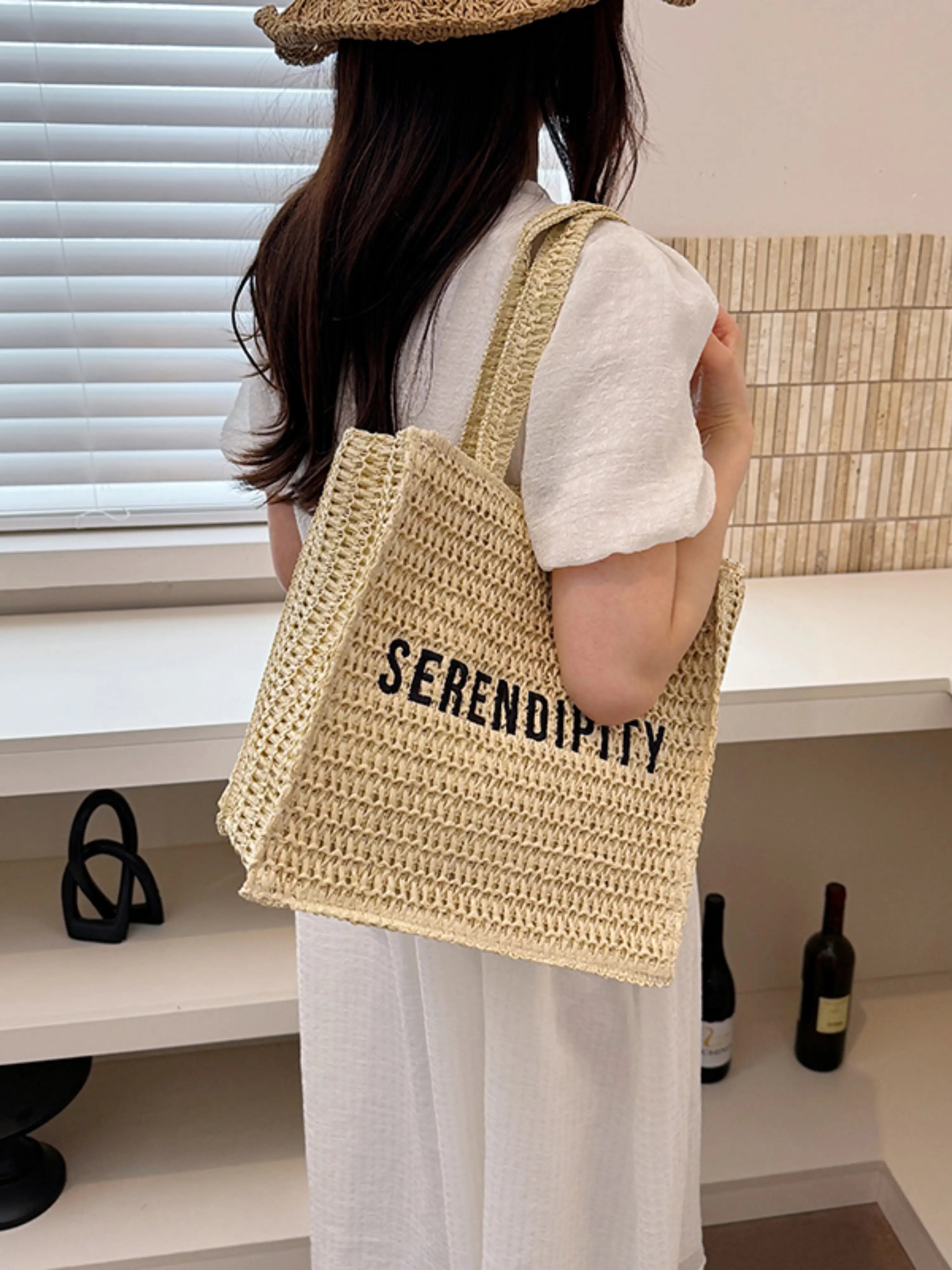 Beige Woven Tote Bag with Serendipity Text