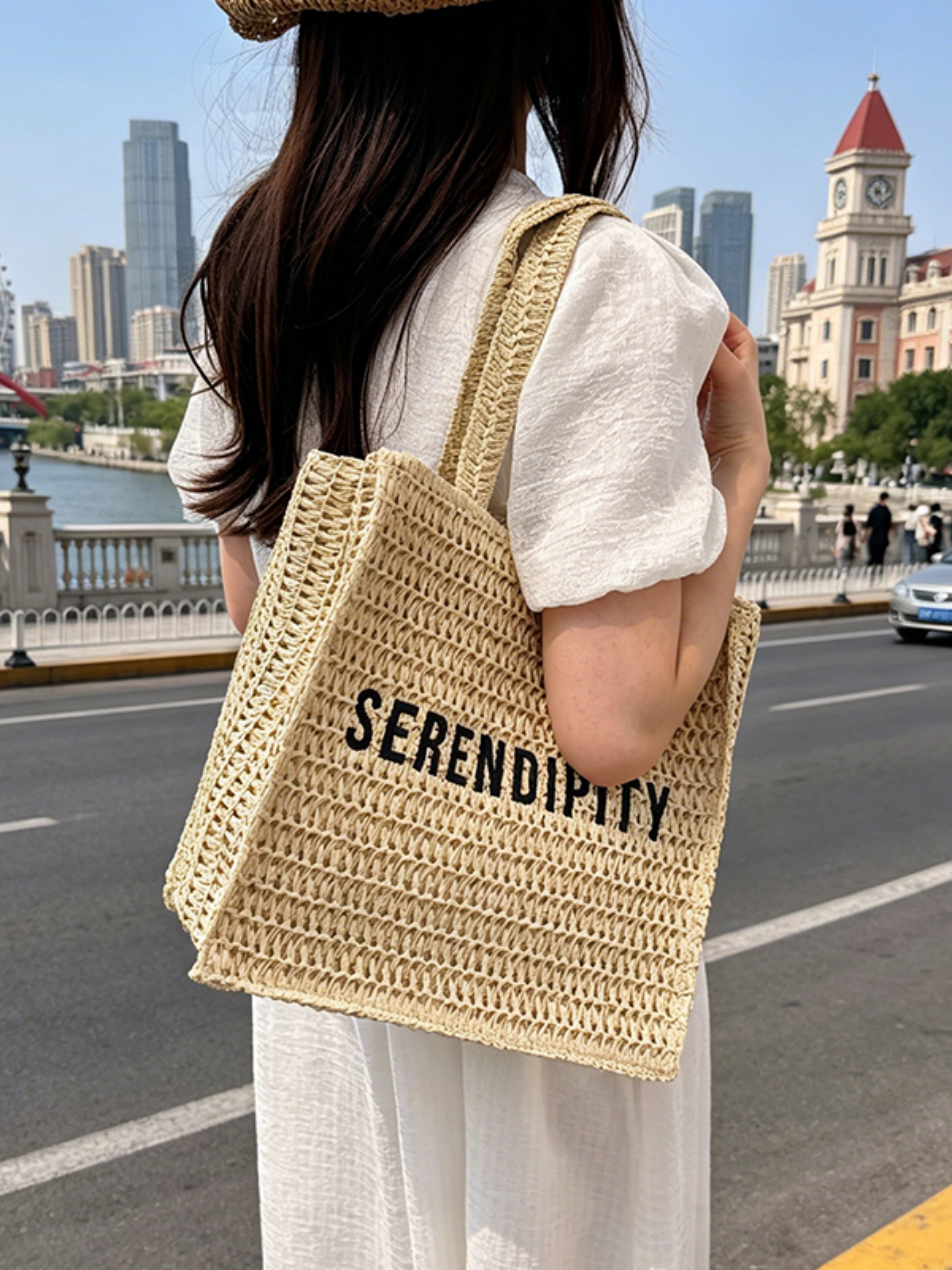Beige Woven Tote Bag with Serendipity Text