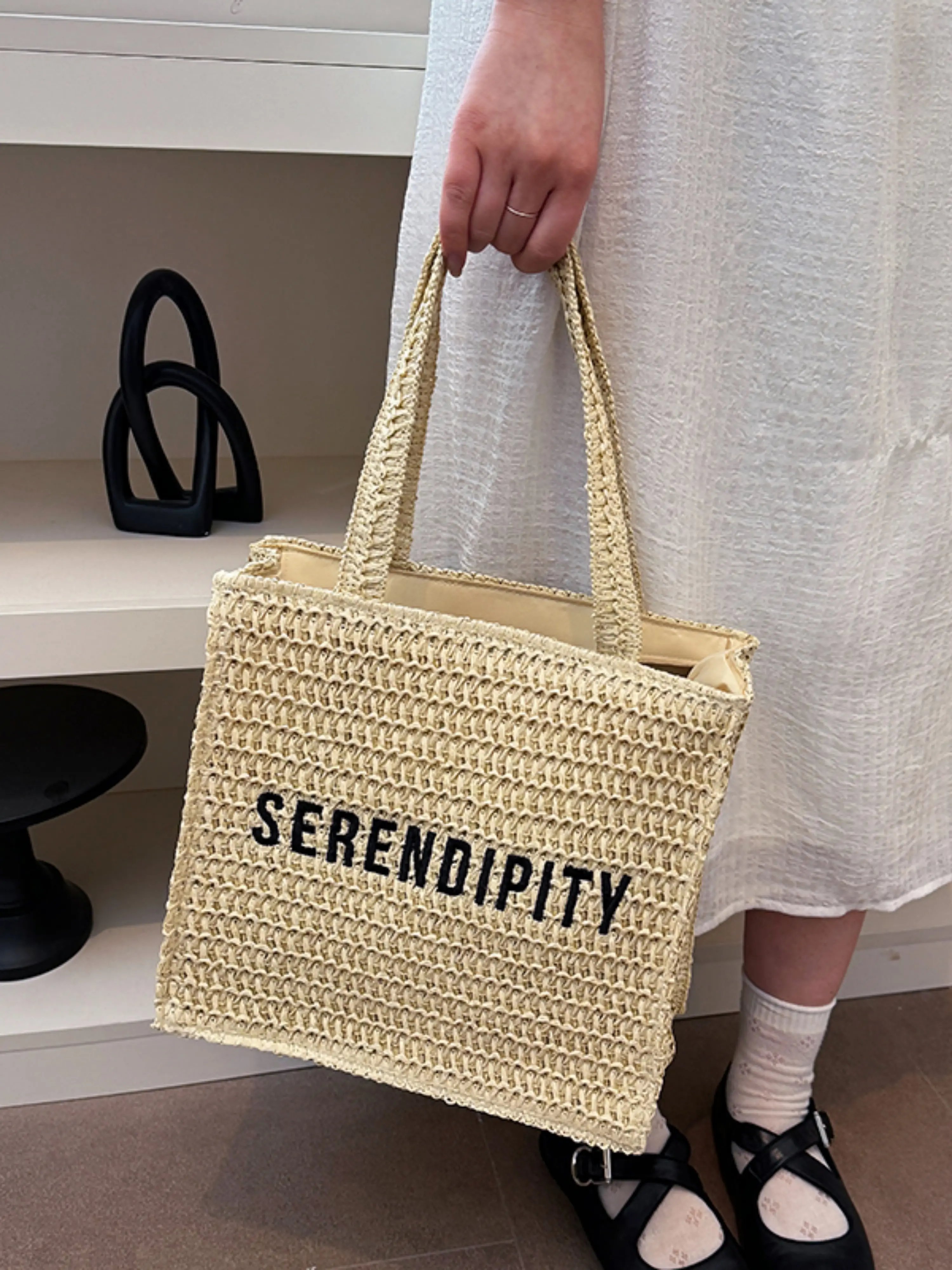 Beige Woven Tote Bag with Serendipity Text