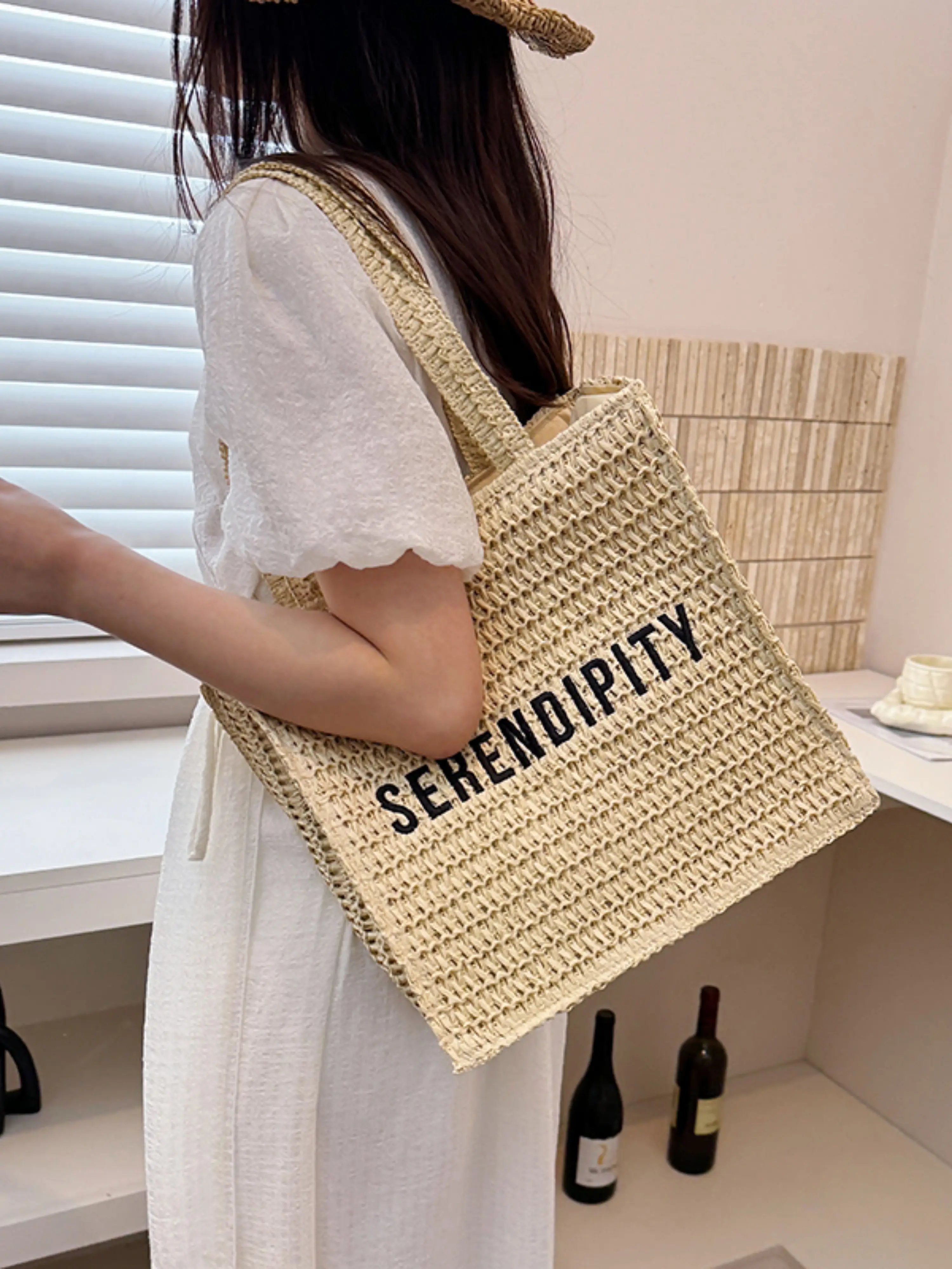 Beige Woven Tote Bag with Serendipity Text