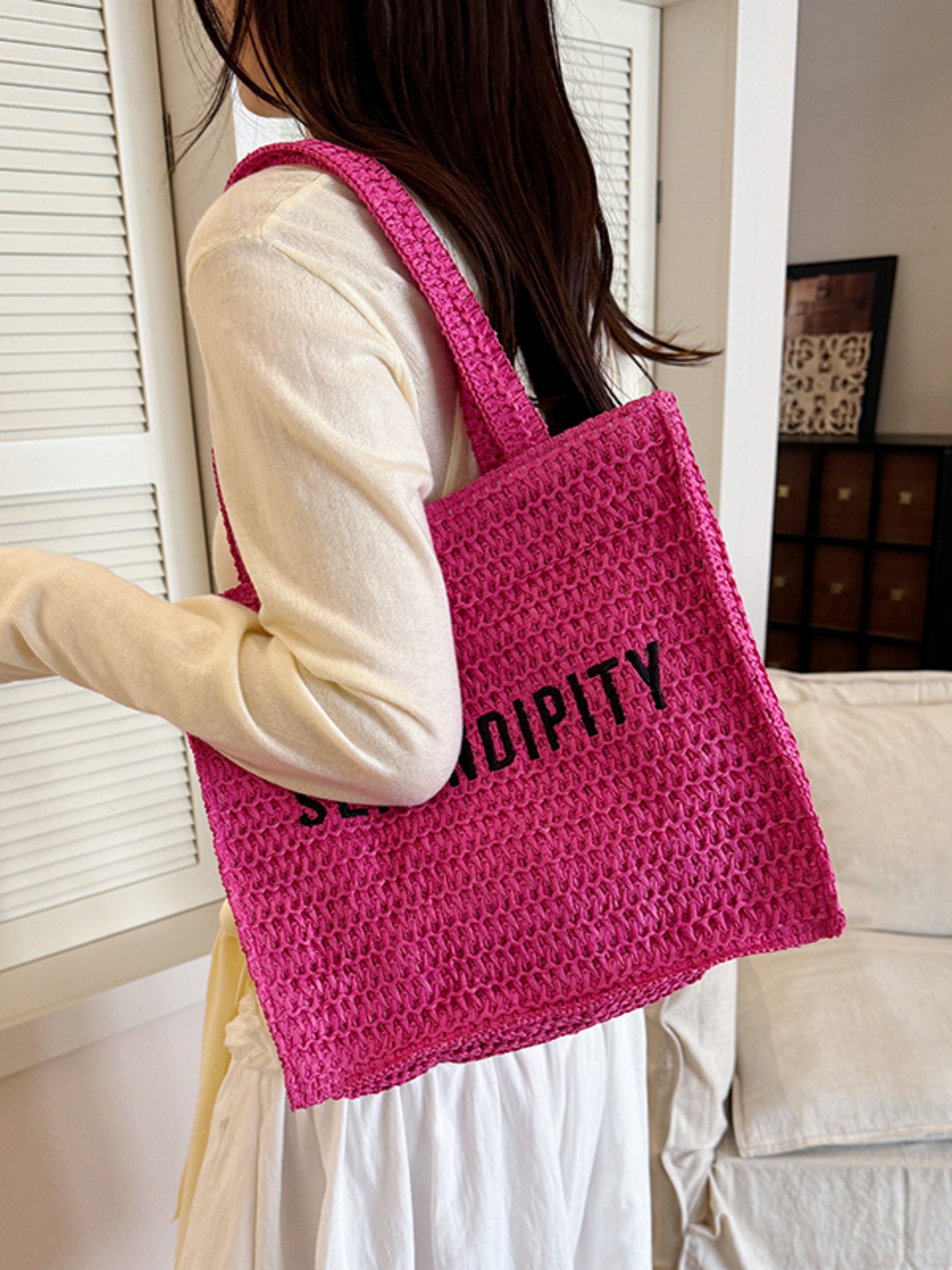 Pink Woven Tote Bag with Serendipity Detail