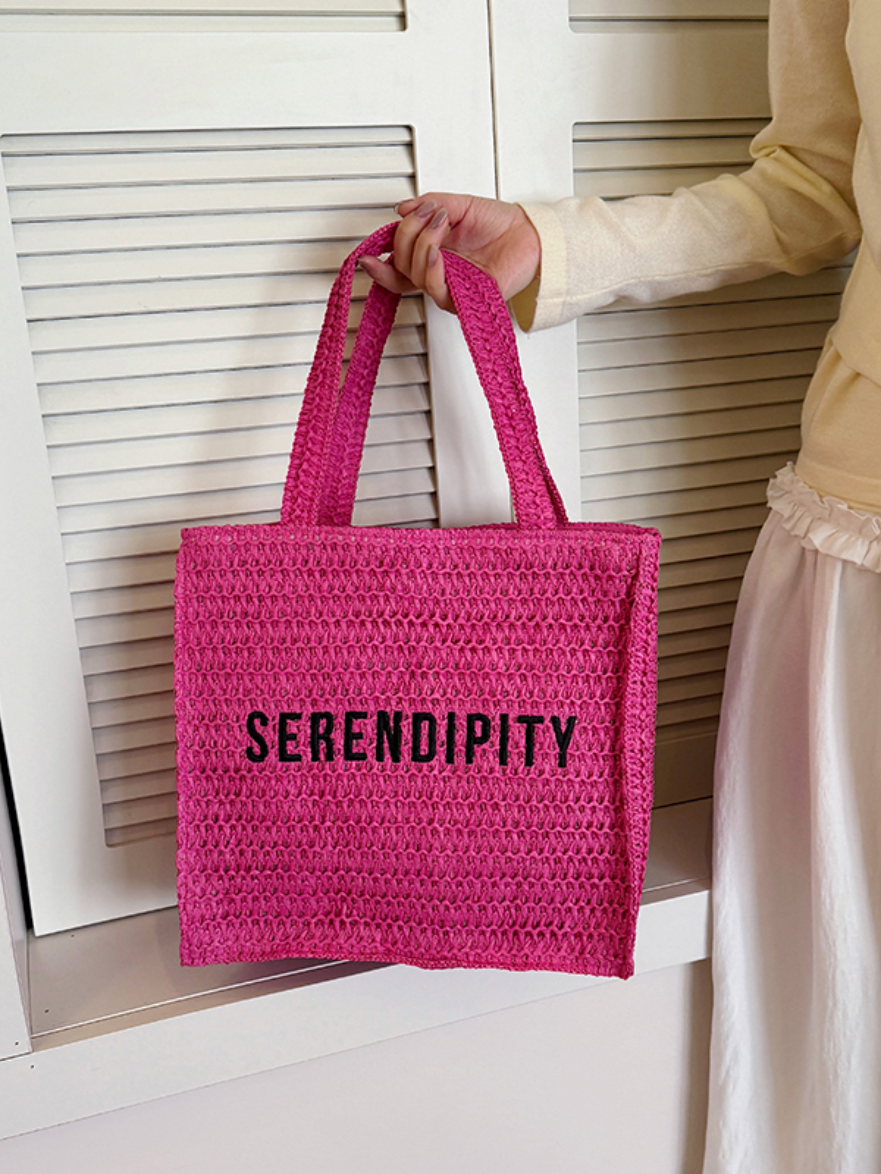 Pink Woven Tote Bag with Serendipity Detail