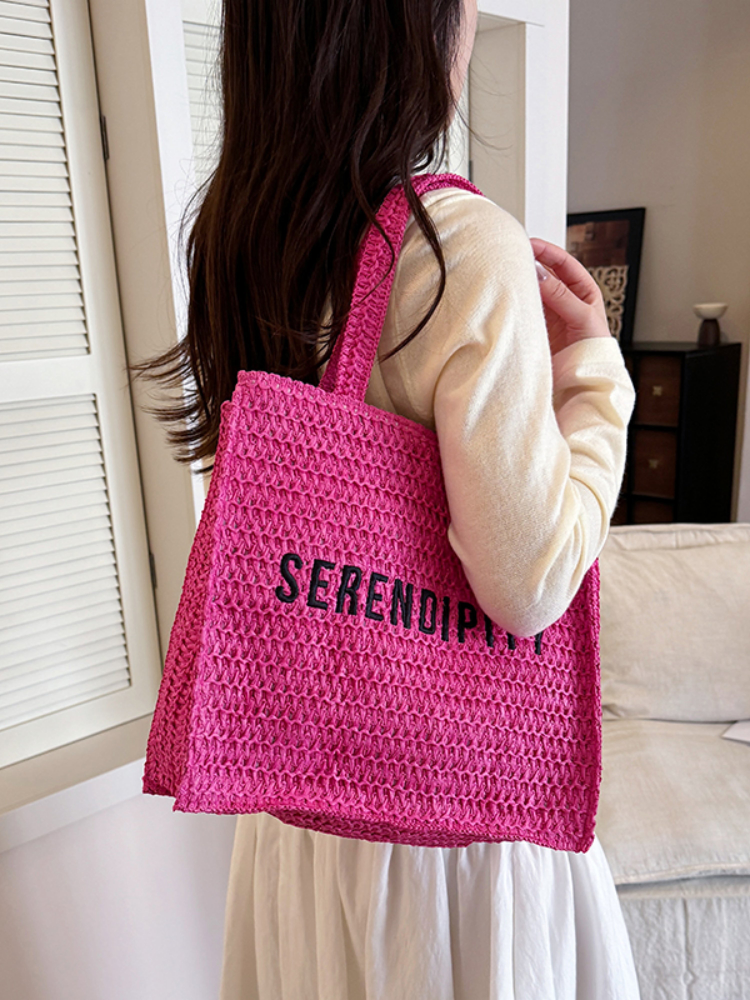 Pink Woven Tote Bag with Serendipity Detail