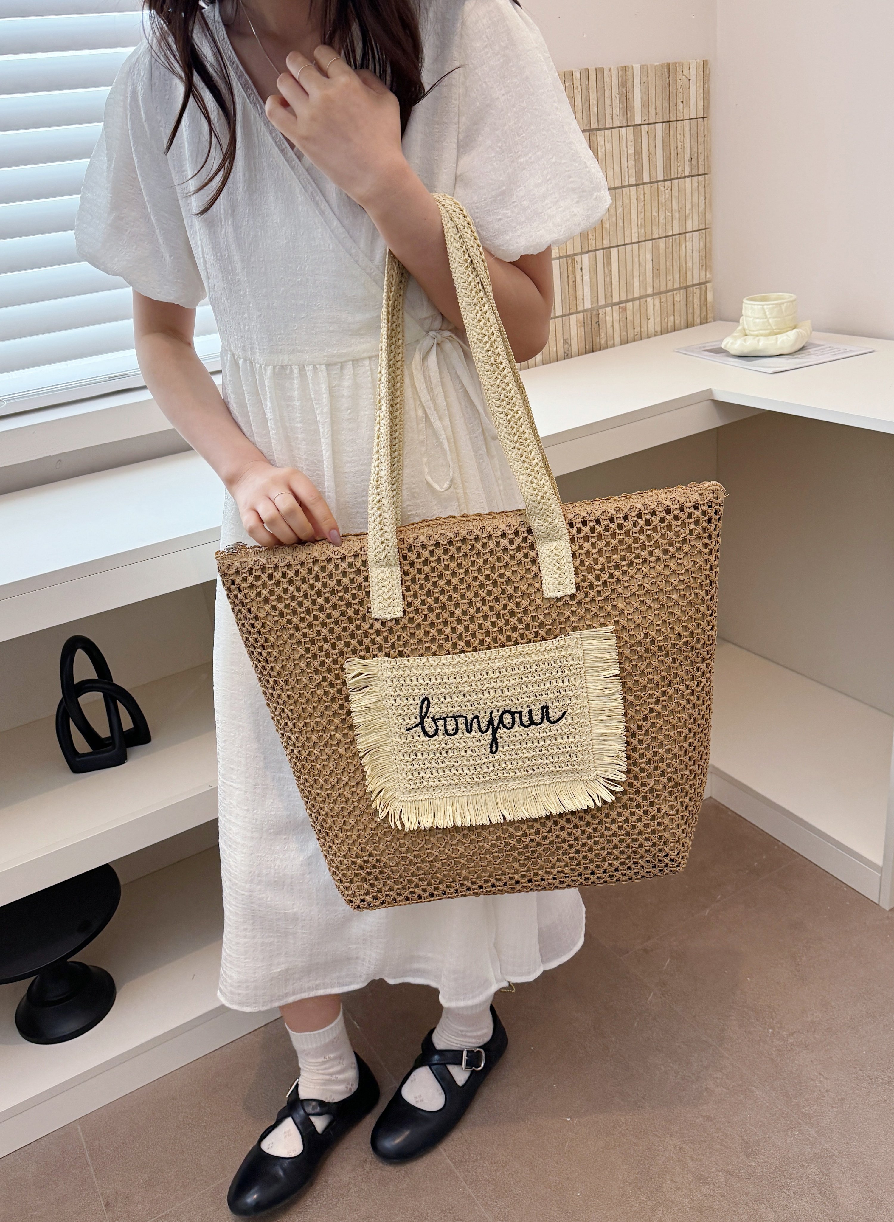 Tan Woven Tote Bag with Bonjour Embroidery