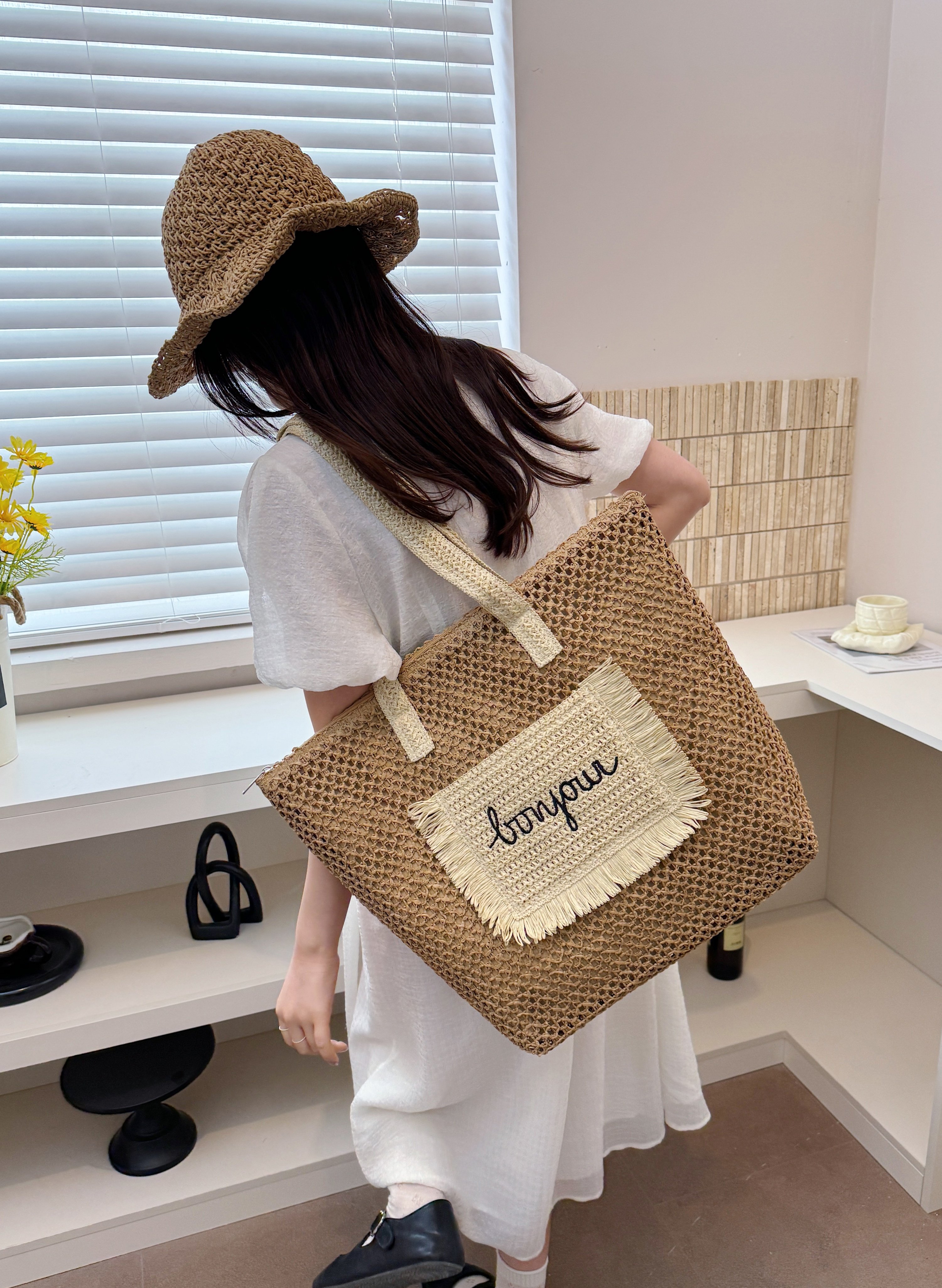 Tan Woven Tote Bag with Bonjour Embroidery