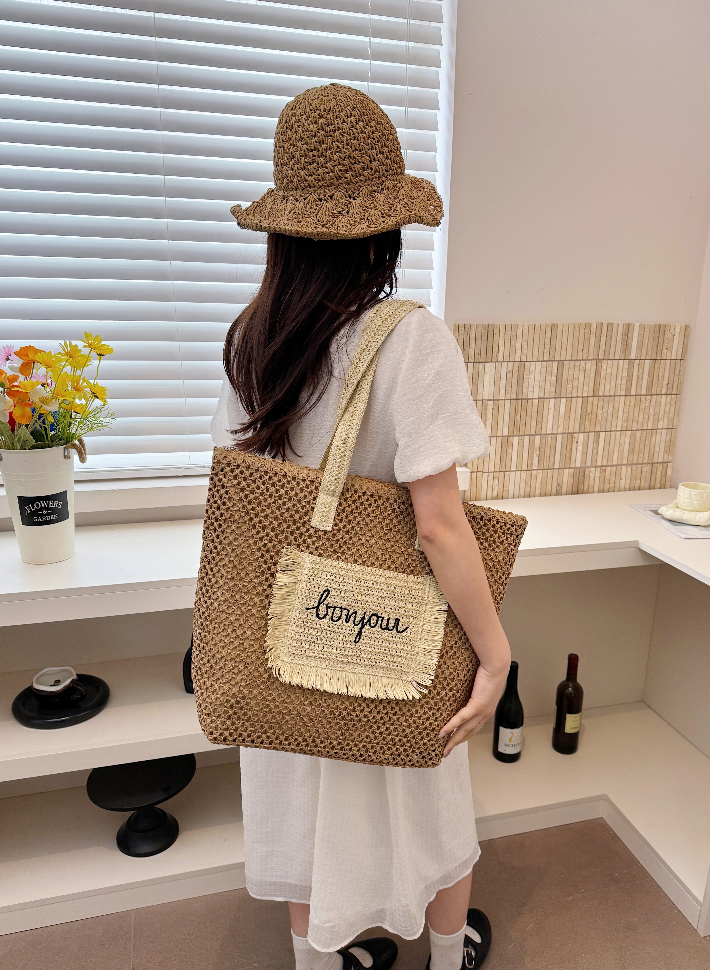 Tan Woven Tote Bag with Bonjour Embroidery
