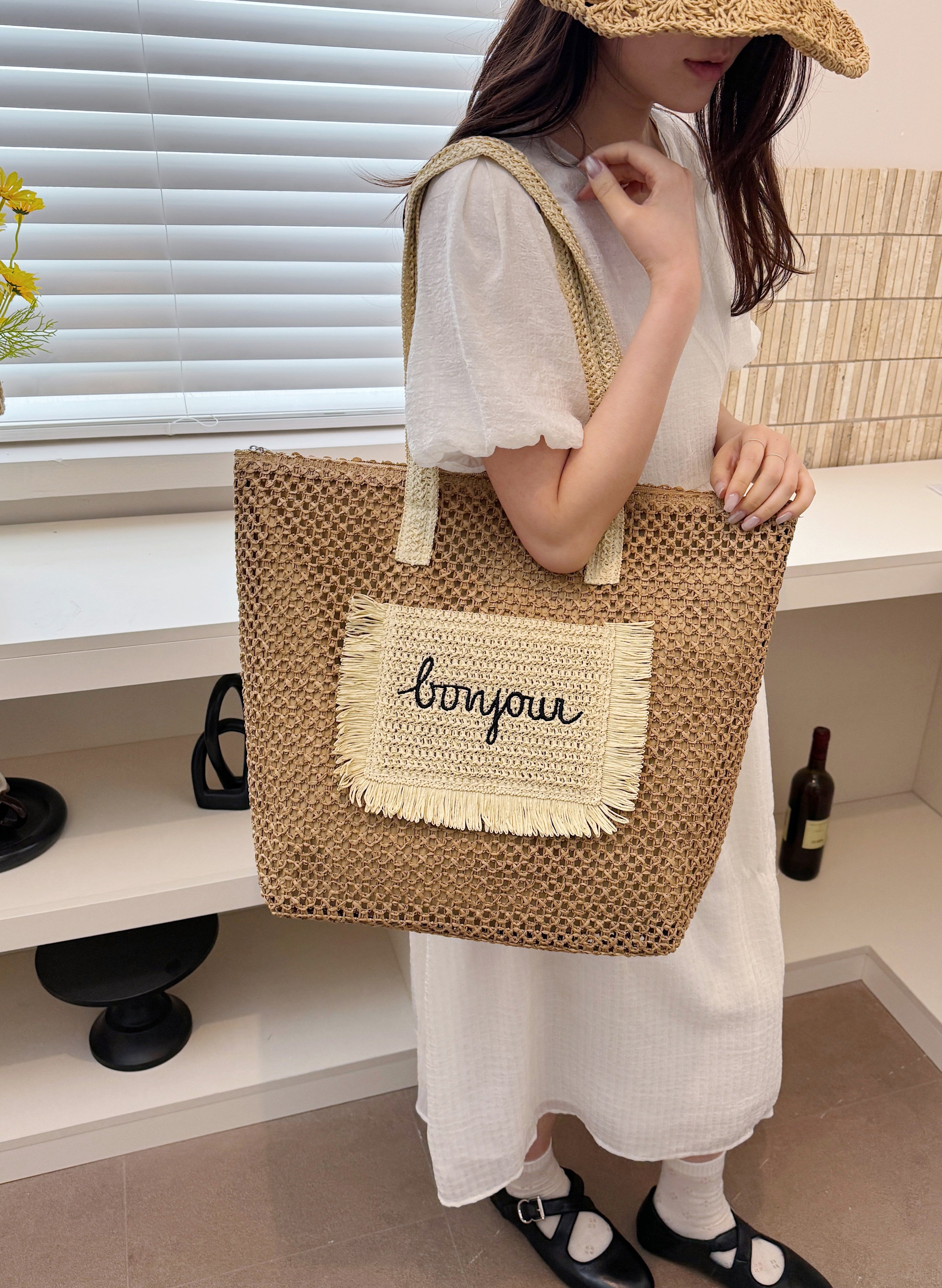 Tan Woven Tote Bag with Bonjour Embroidery