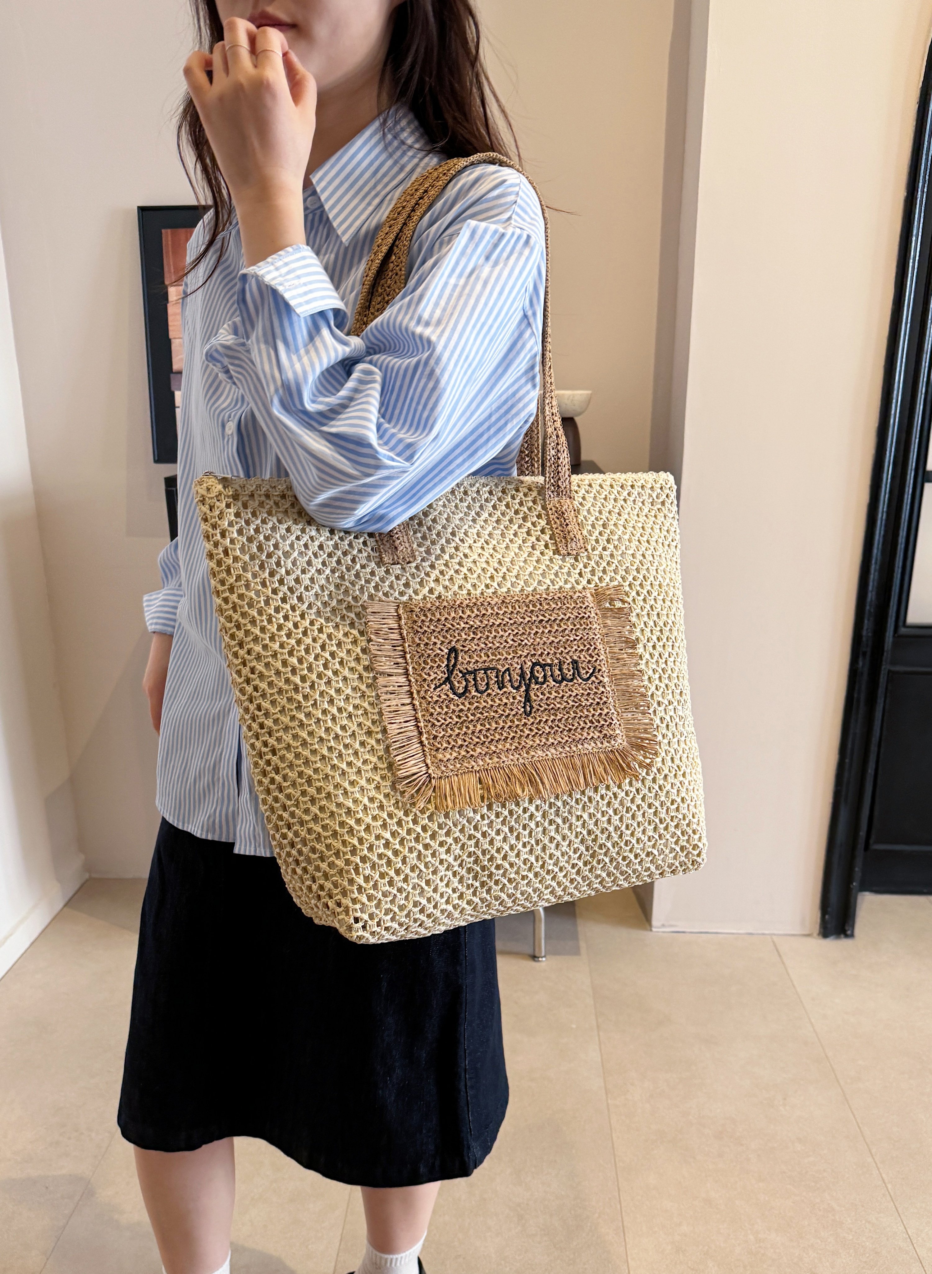 Beige Woven Tote Bag with Bonjour Embroidery