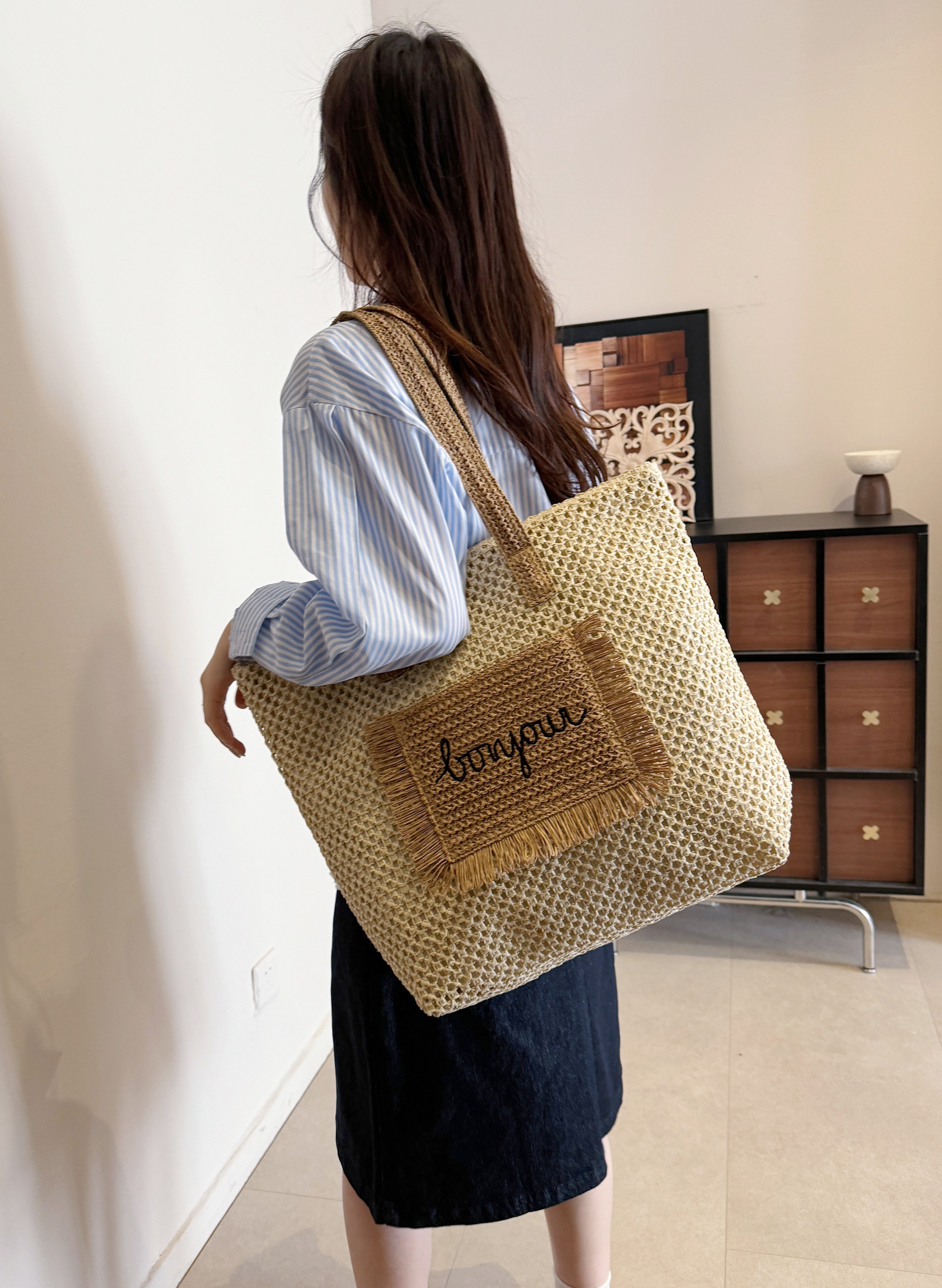 Beige Woven Tote Bag with Bonjour Embroidery