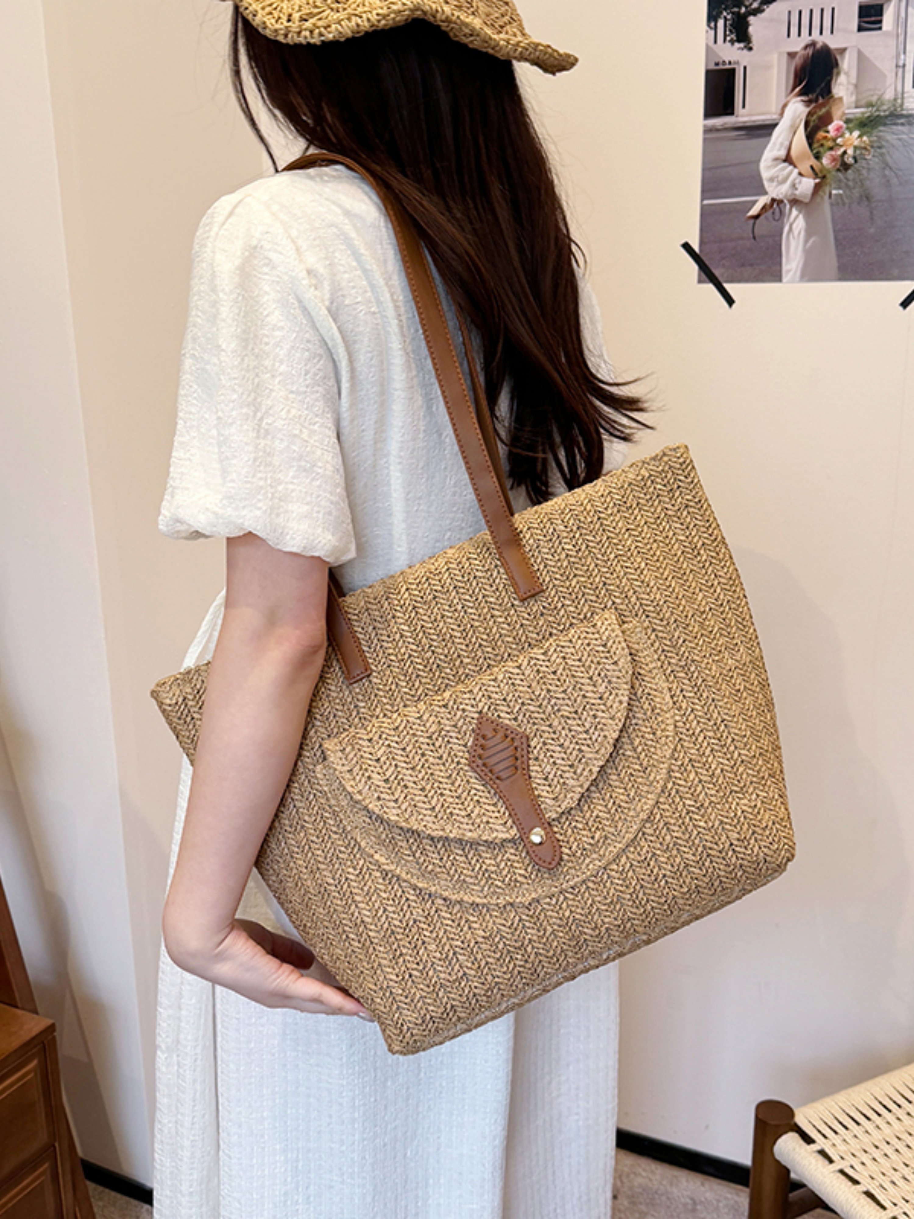 Khaki Woven Straw Tote Bag with Faux Leather Trim