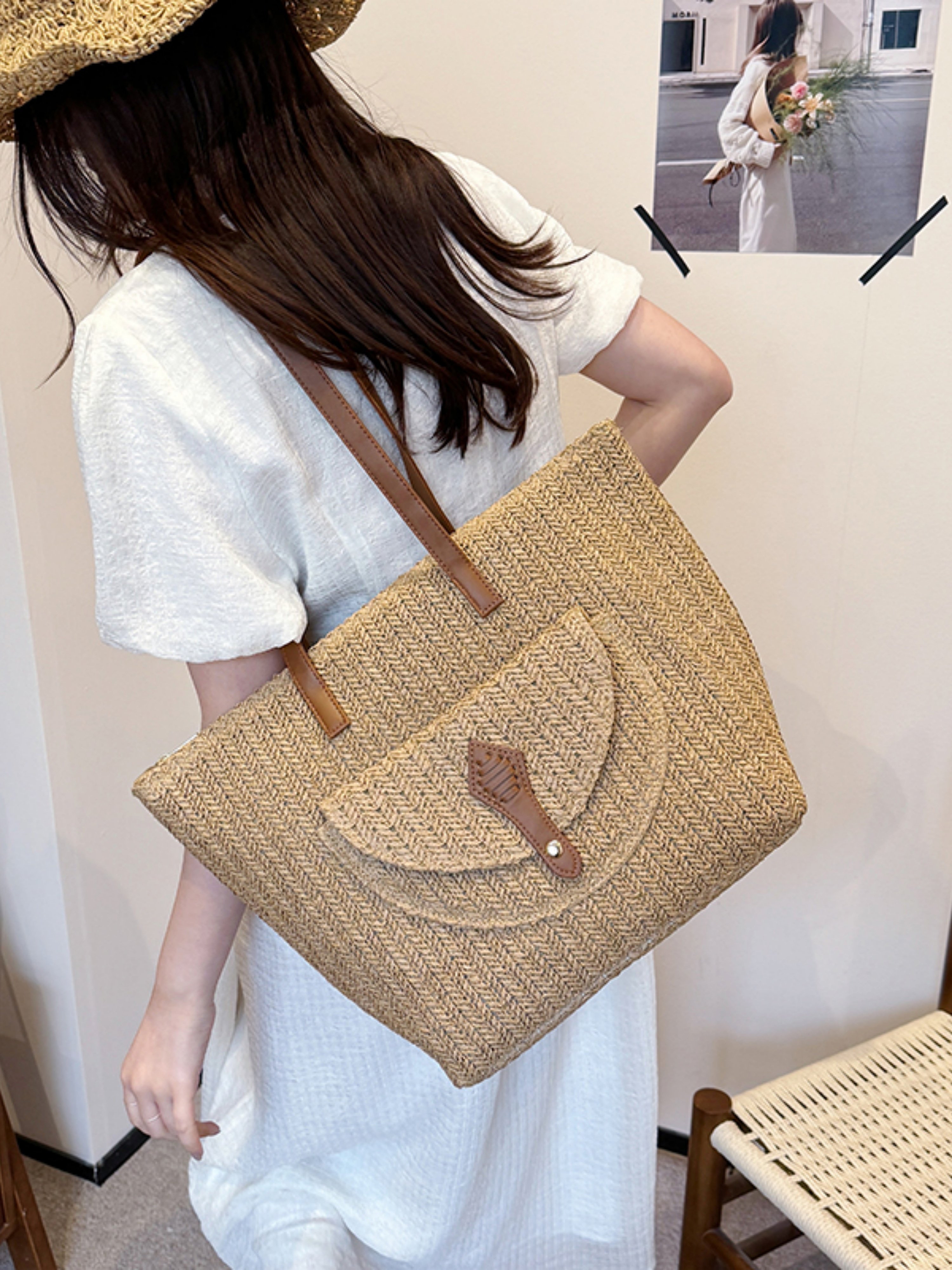 Khaki Woven Straw Tote Bag with Faux Leather Trim
