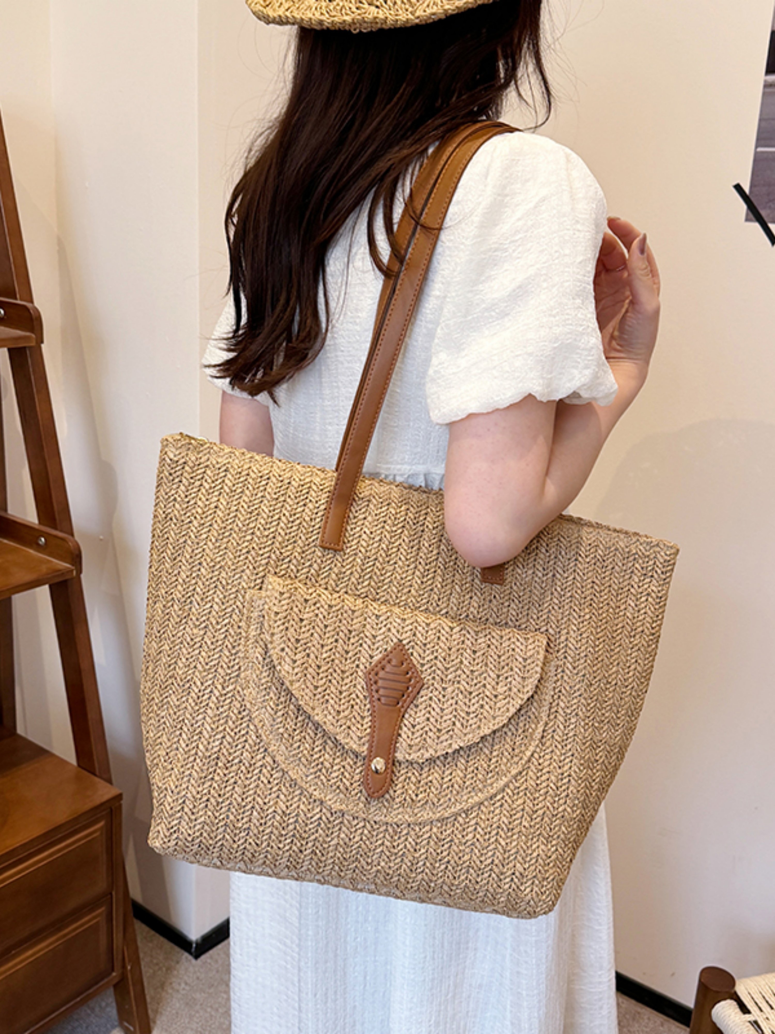 Khaki Woven Straw Tote Bag with Faux Leather Trim