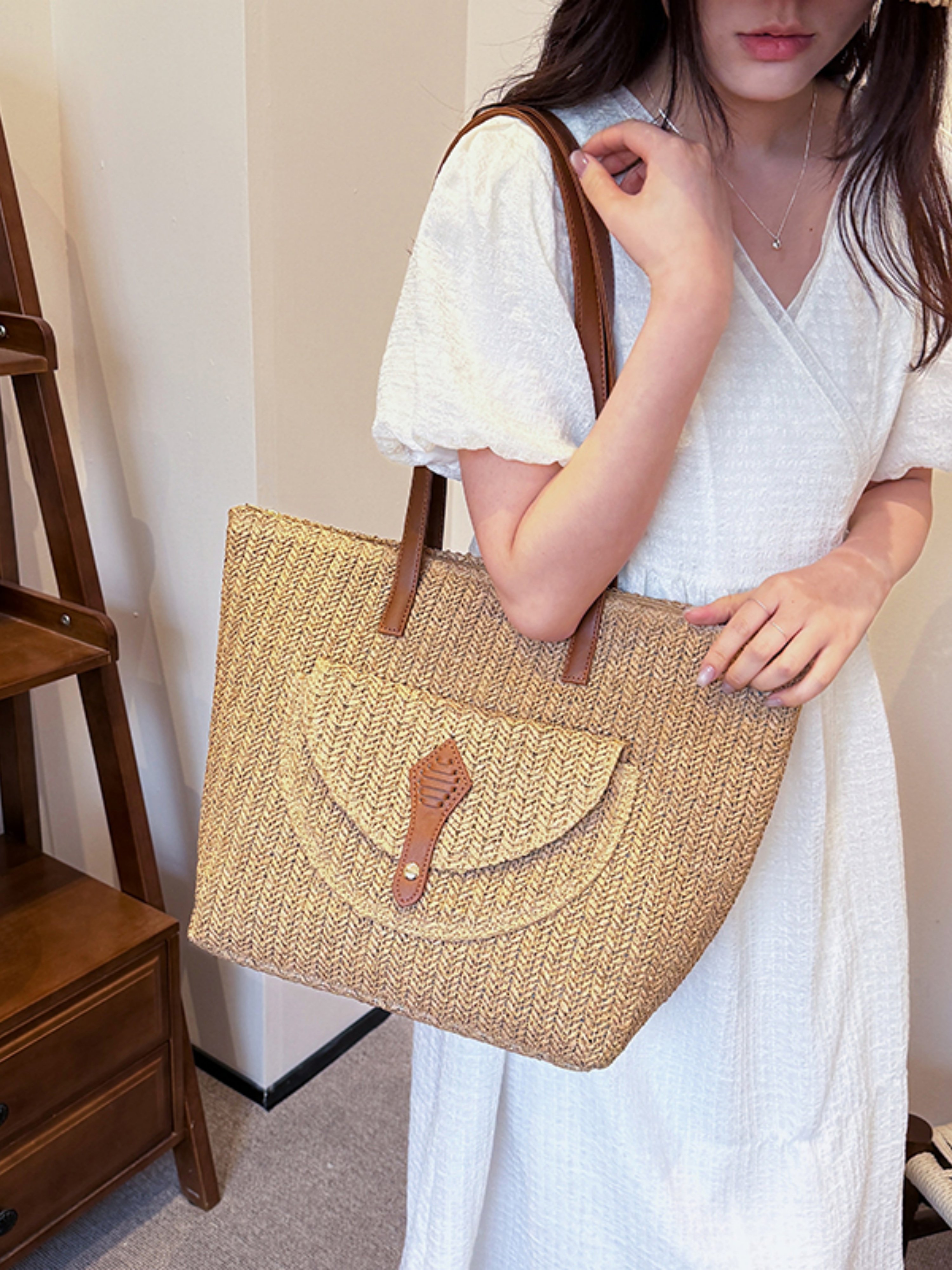 Khaki Woven Straw Tote Bag with Faux Leather Trim