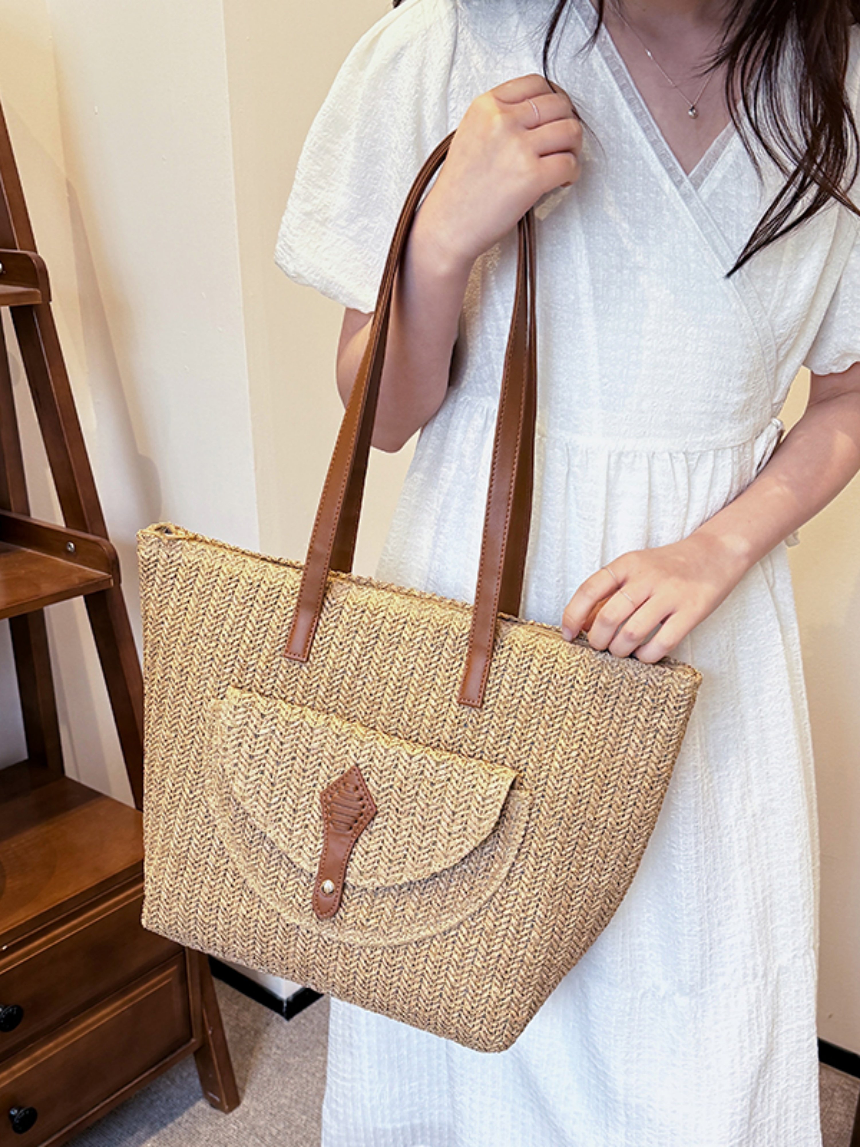 Khaki Woven Straw Tote Bag with Faux Leather Trim