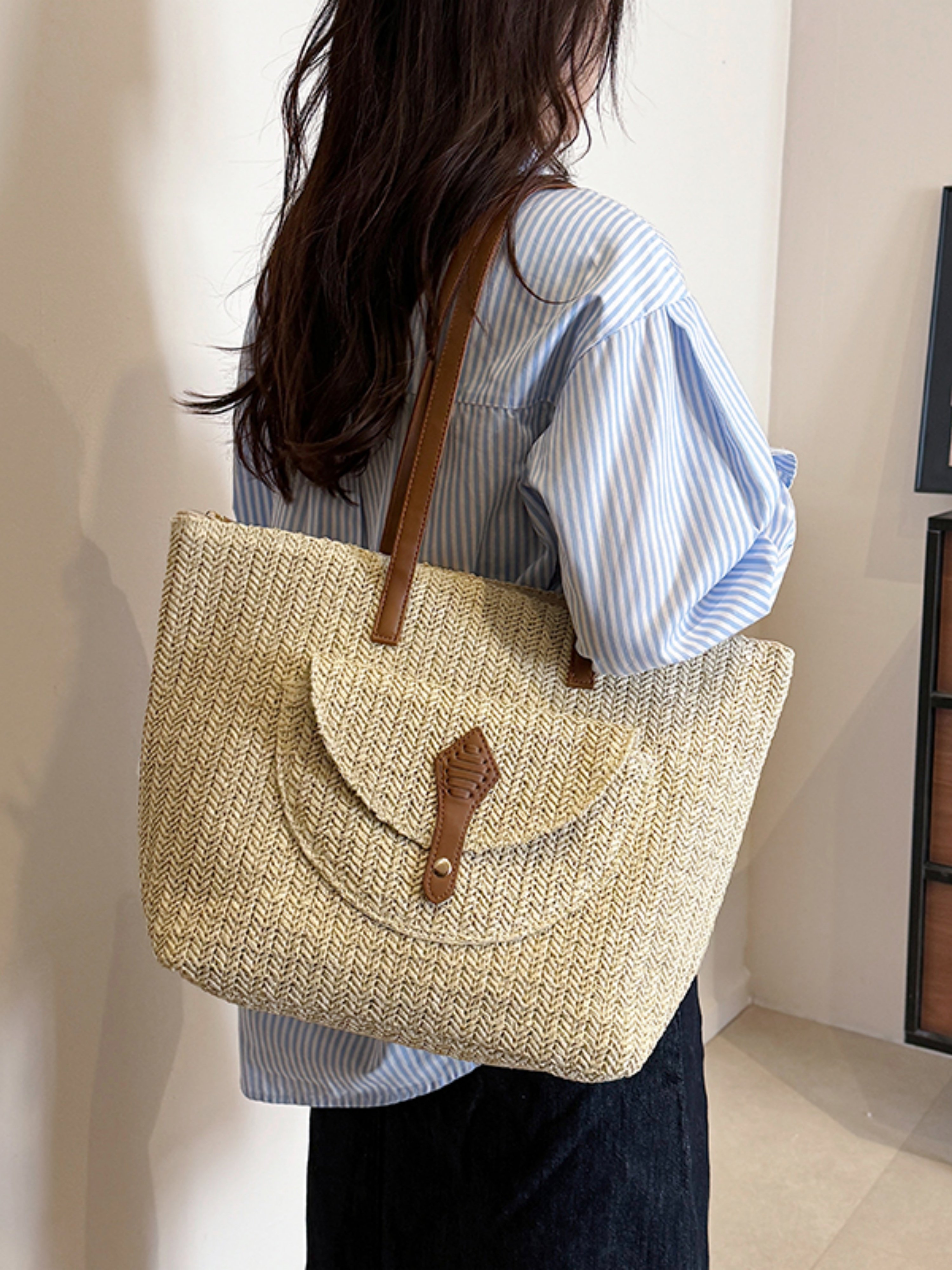 Off-White Woven Tote Shoulder Bag with Faux Leather Trim