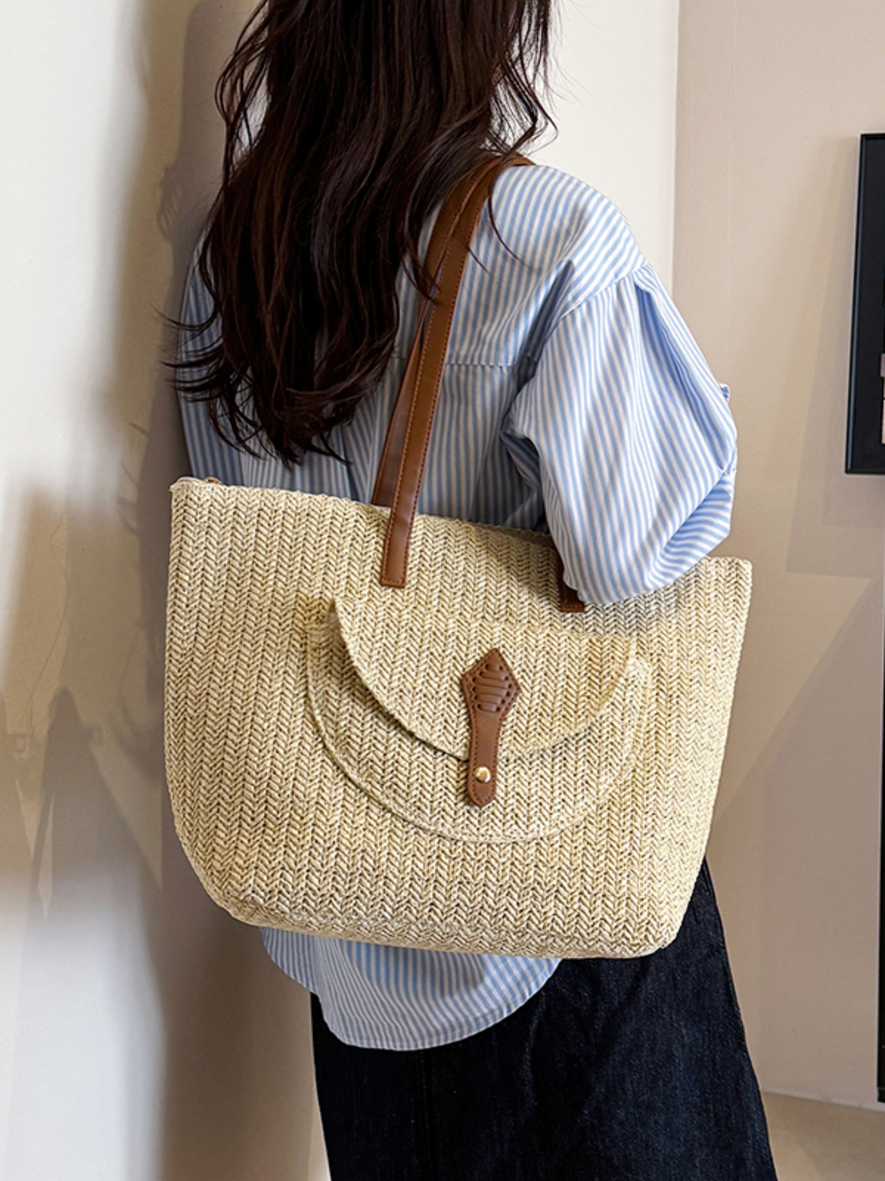 Off-White Woven Tote Shoulder Bag with Faux Leather Trim