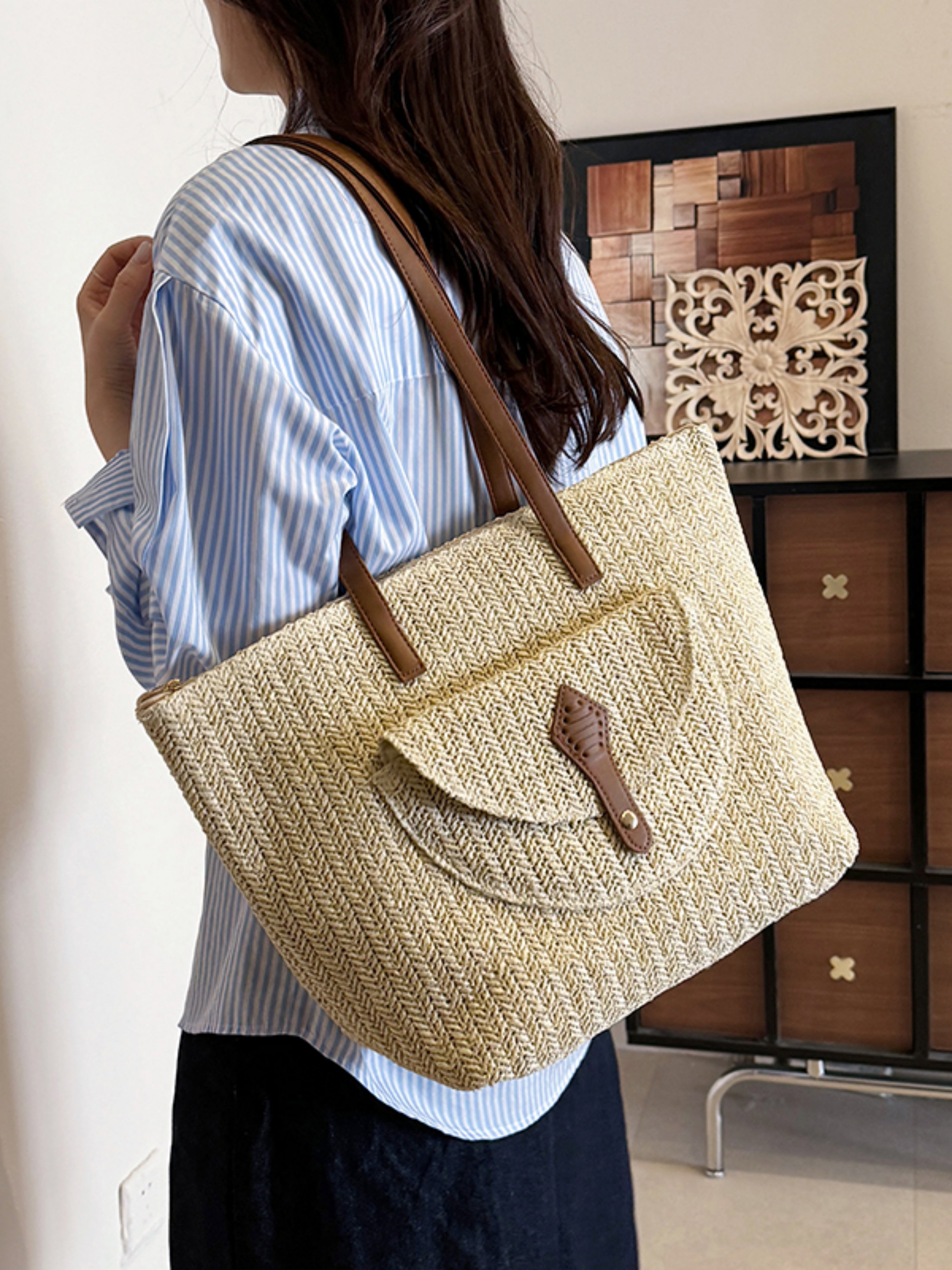 Off-White Woven Tote Shoulder Bag with Faux Leather Trim
