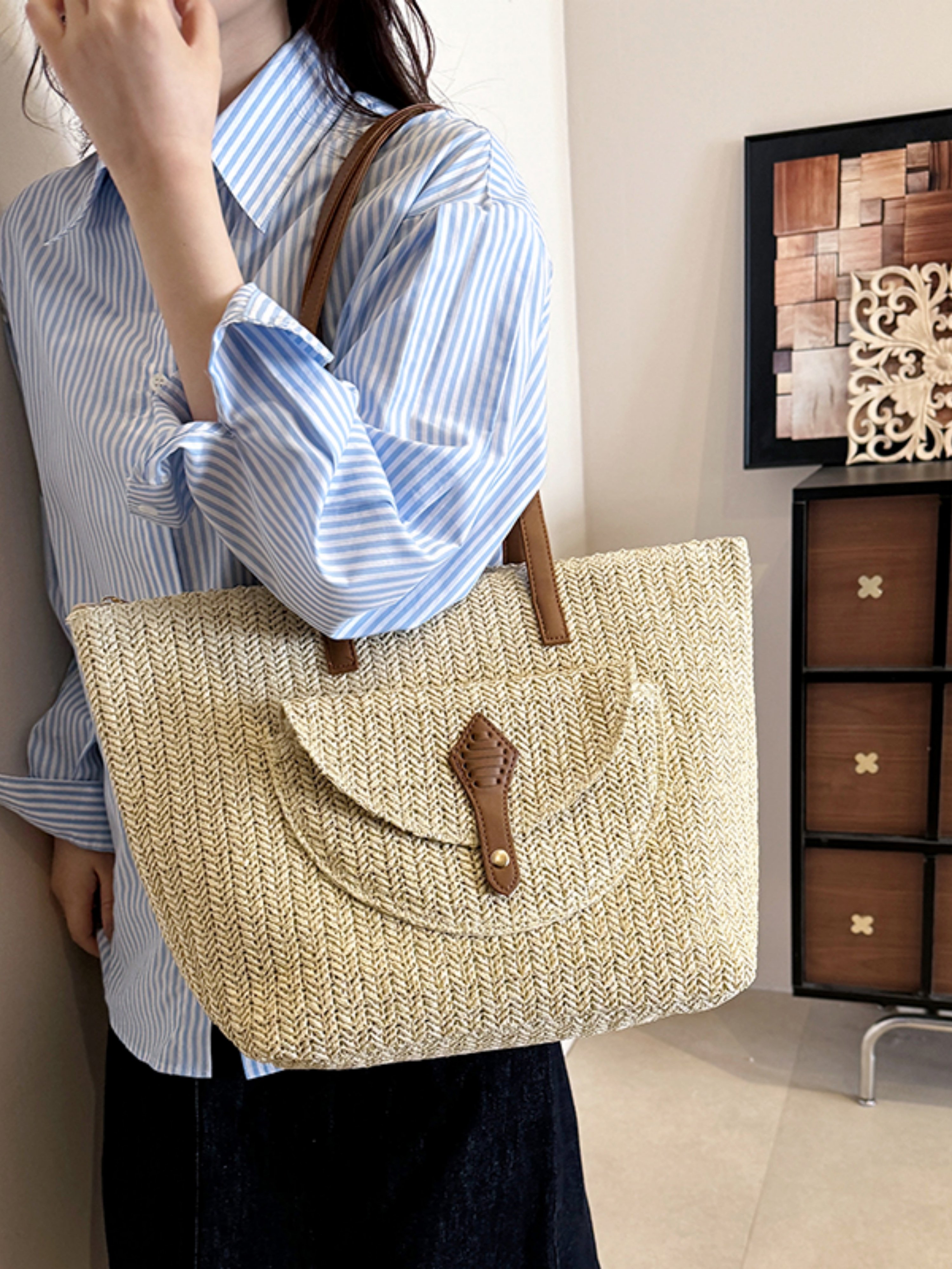 Off-White Woven Tote Shoulder Bag with Faux Leather Trim