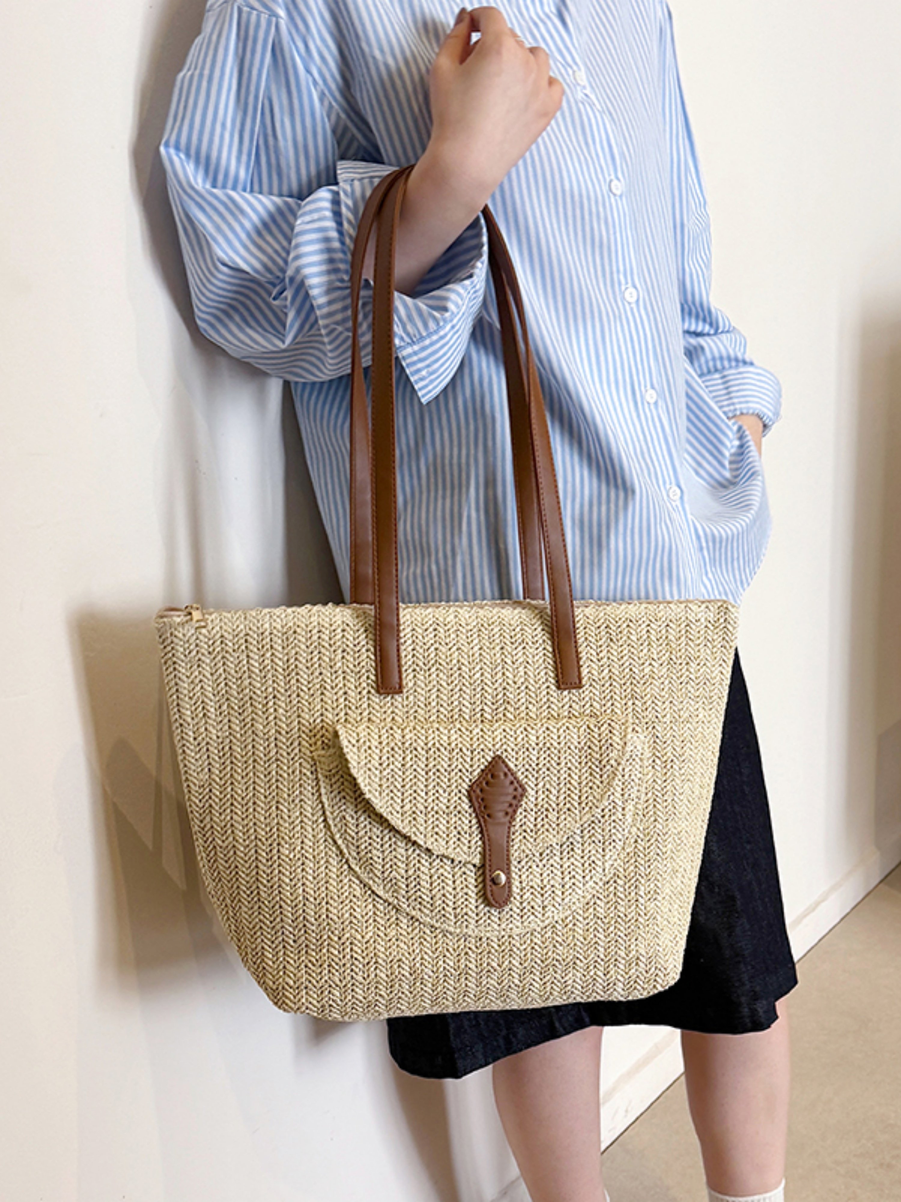 Off-White Woven Tote Shoulder Bag with Faux Leather Trim