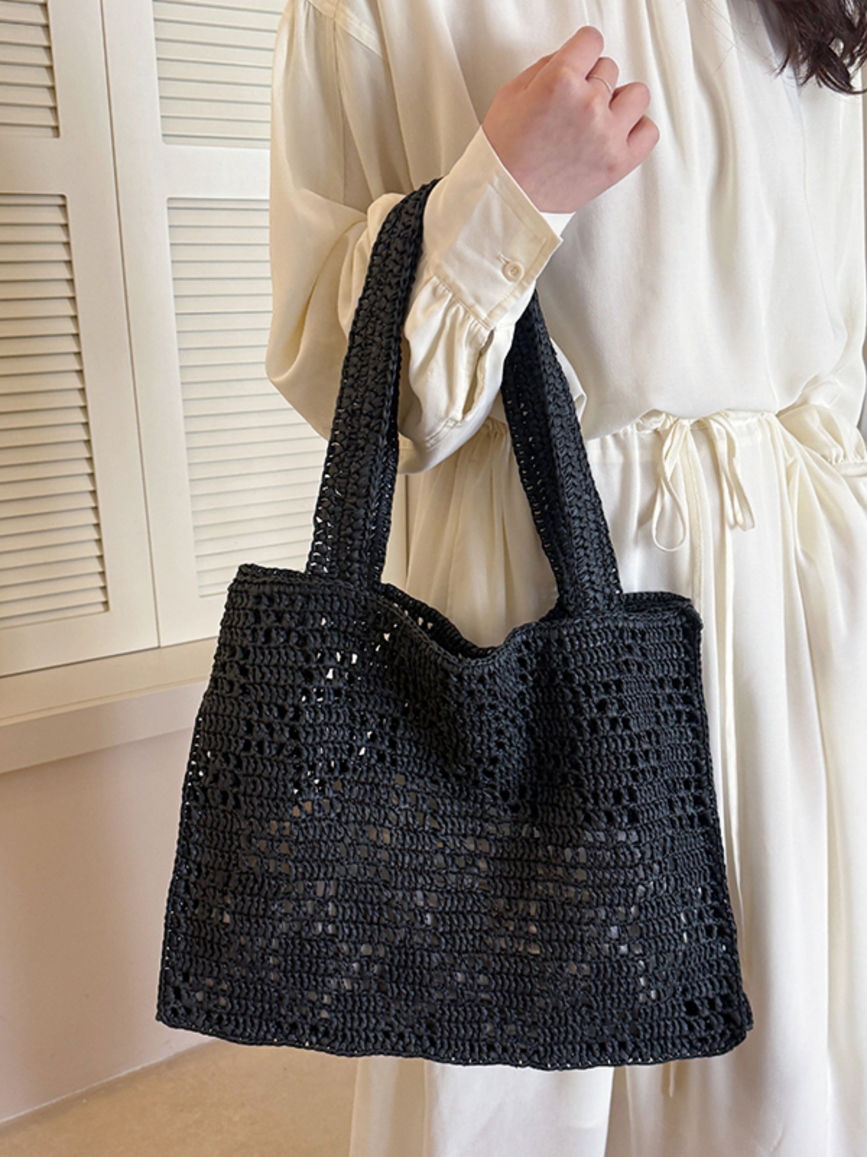 Black Woven Straw Tote Bag