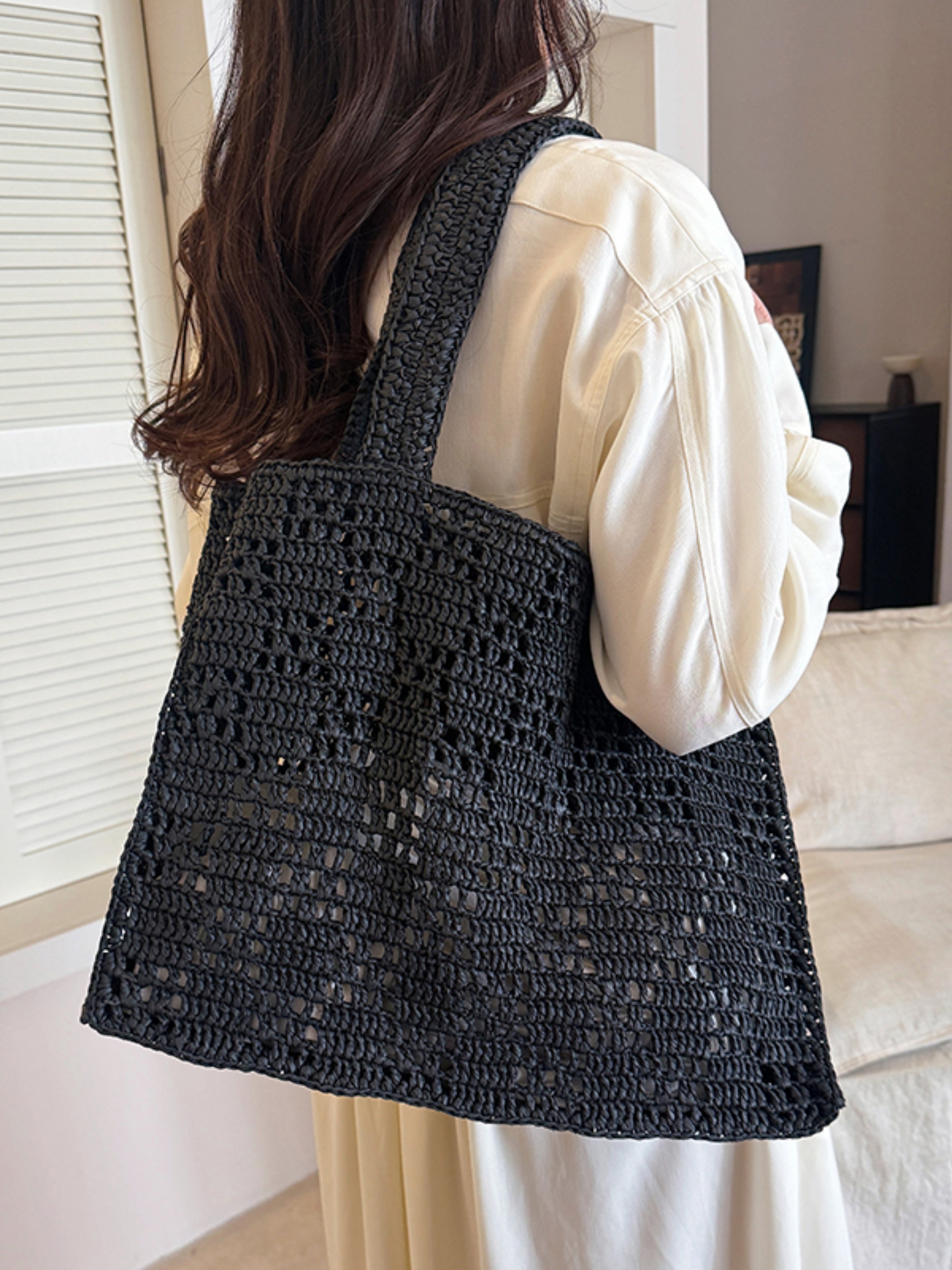 Black Woven Straw Tote Bag
