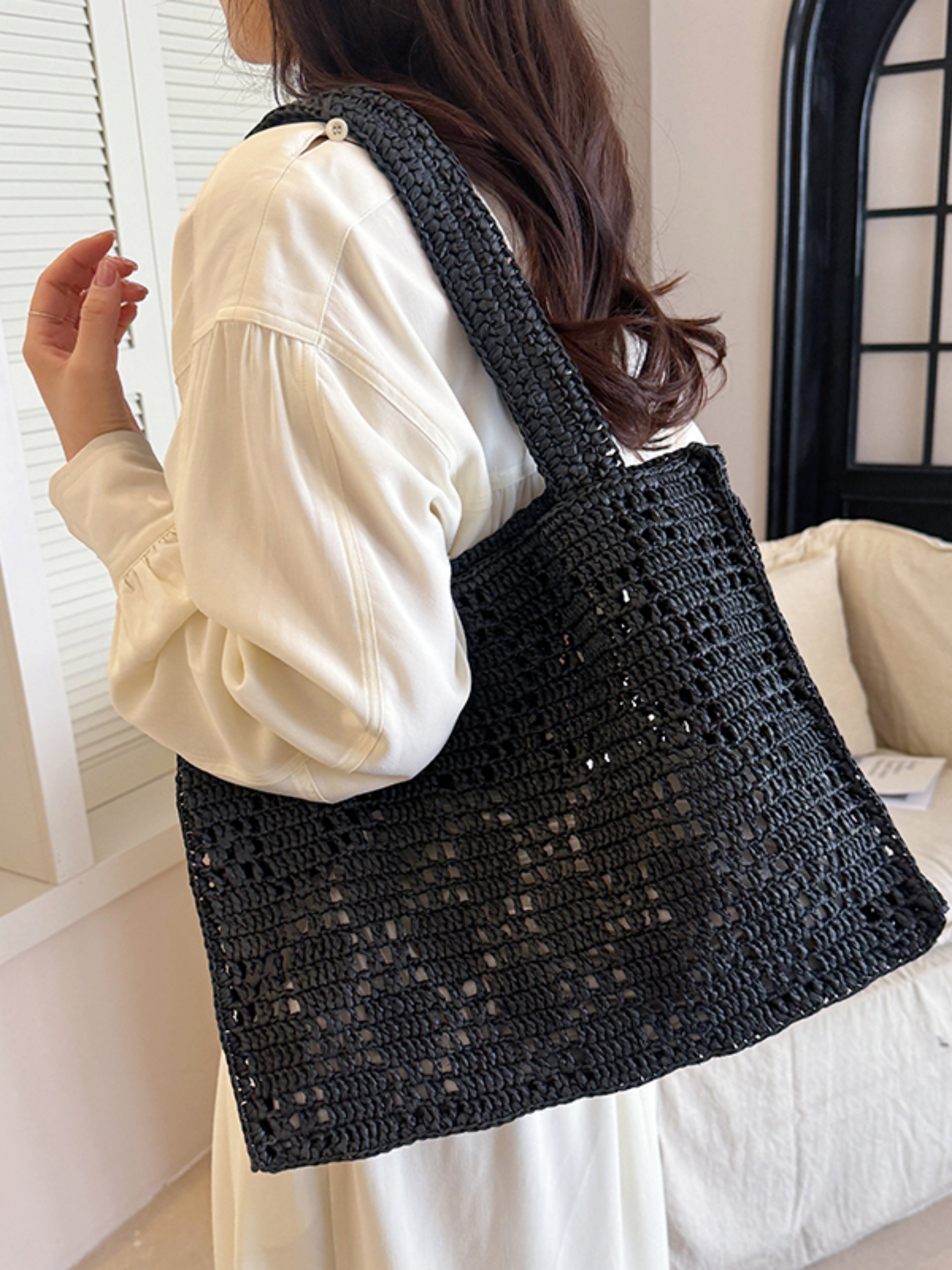 Black Woven Straw Tote Bag