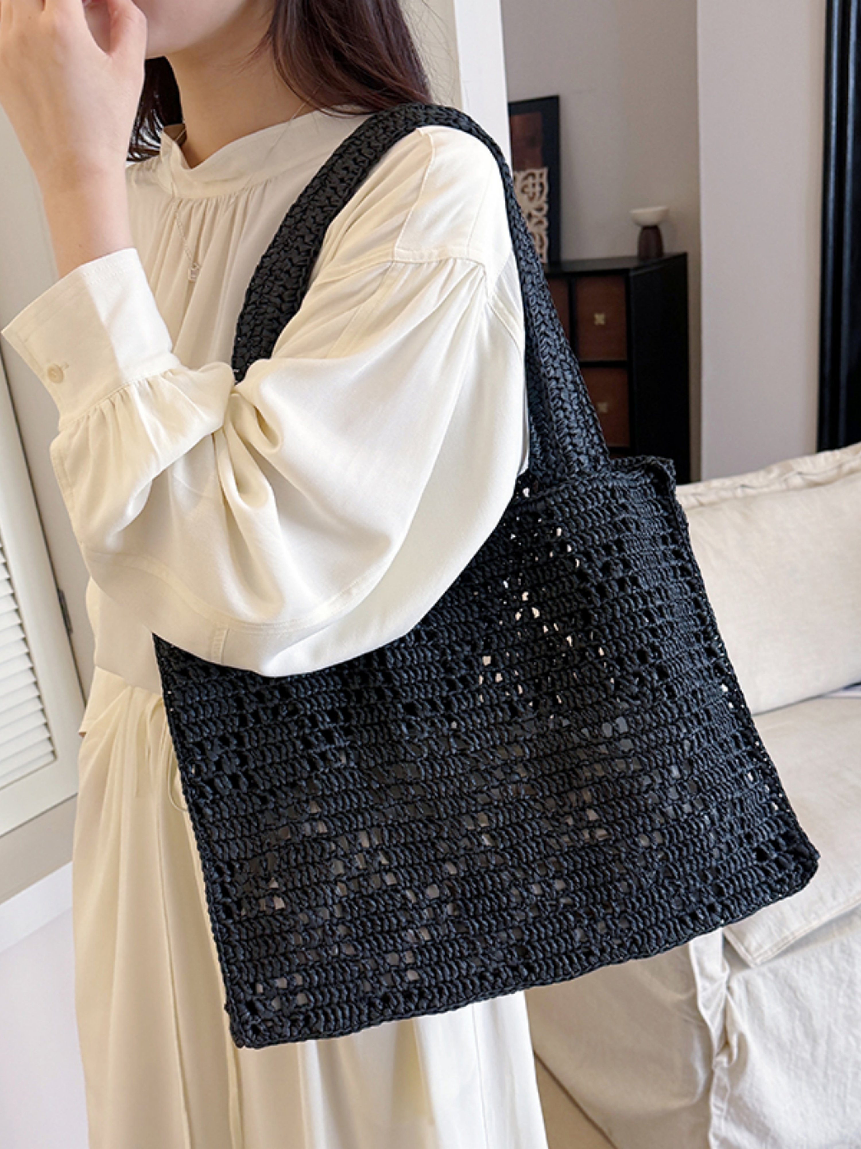 Black Woven Straw Tote Bag