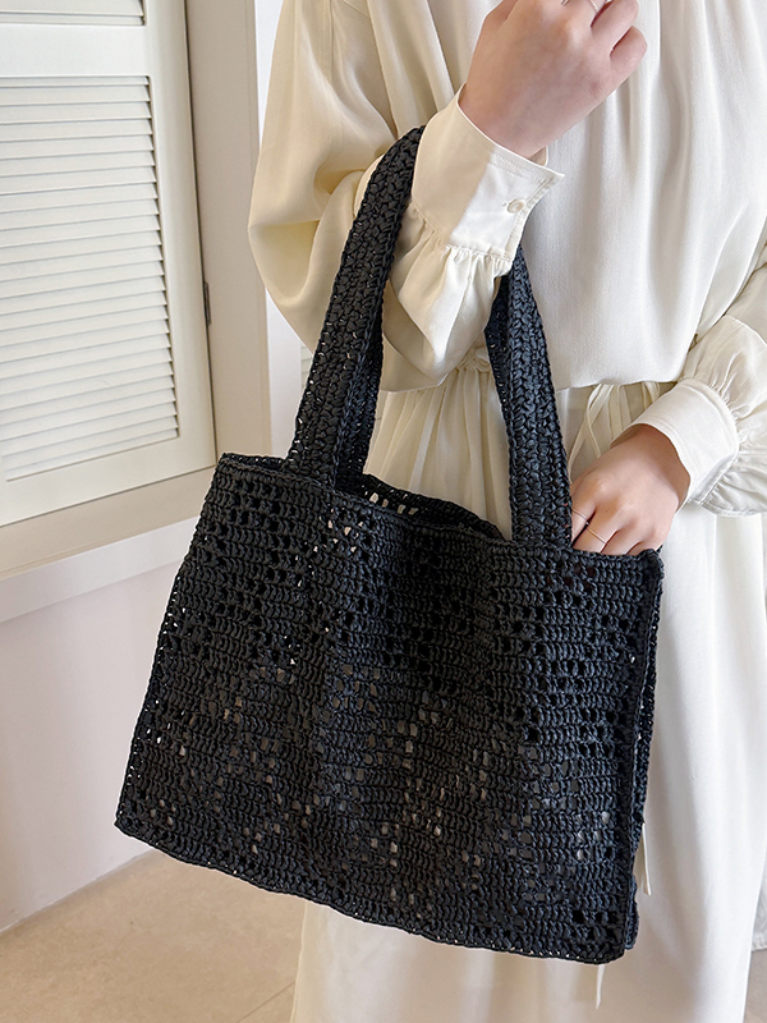 Black Woven Straw Tote Bag