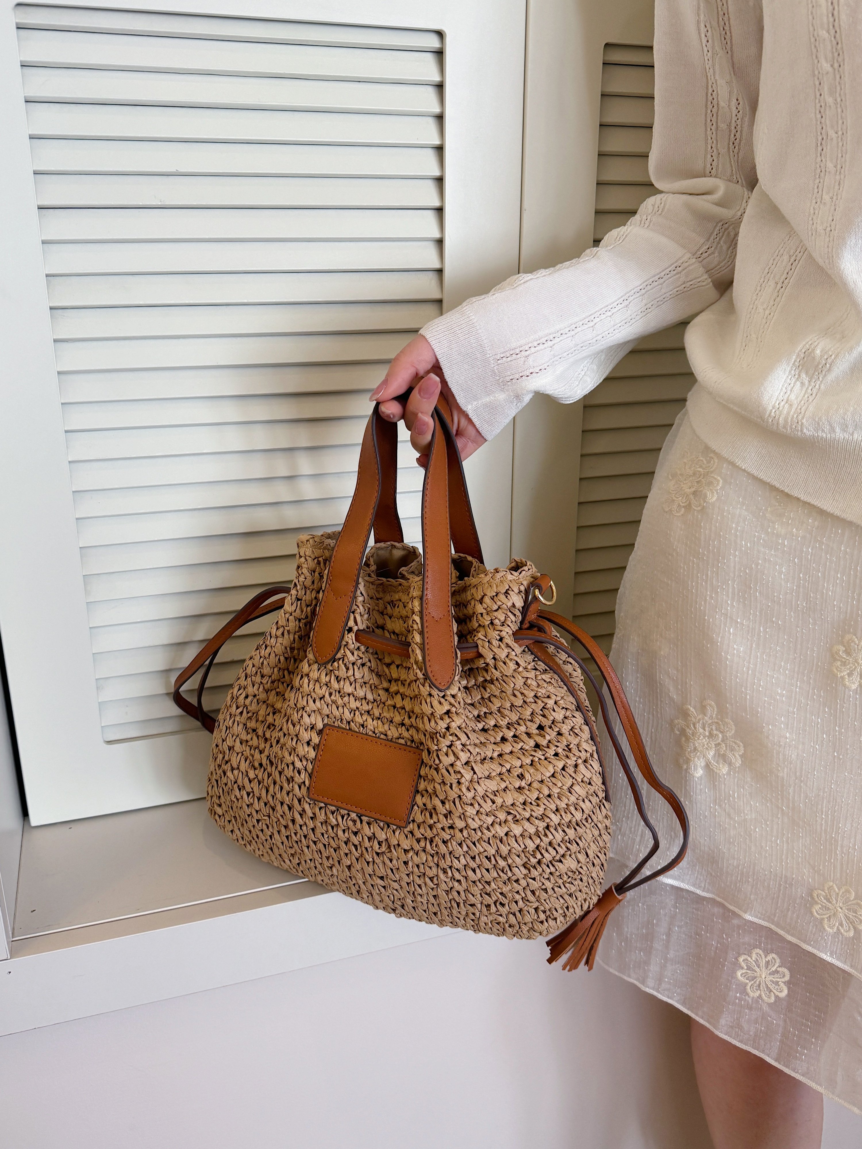 Khaki Woven Drawstring Shoulder Bag