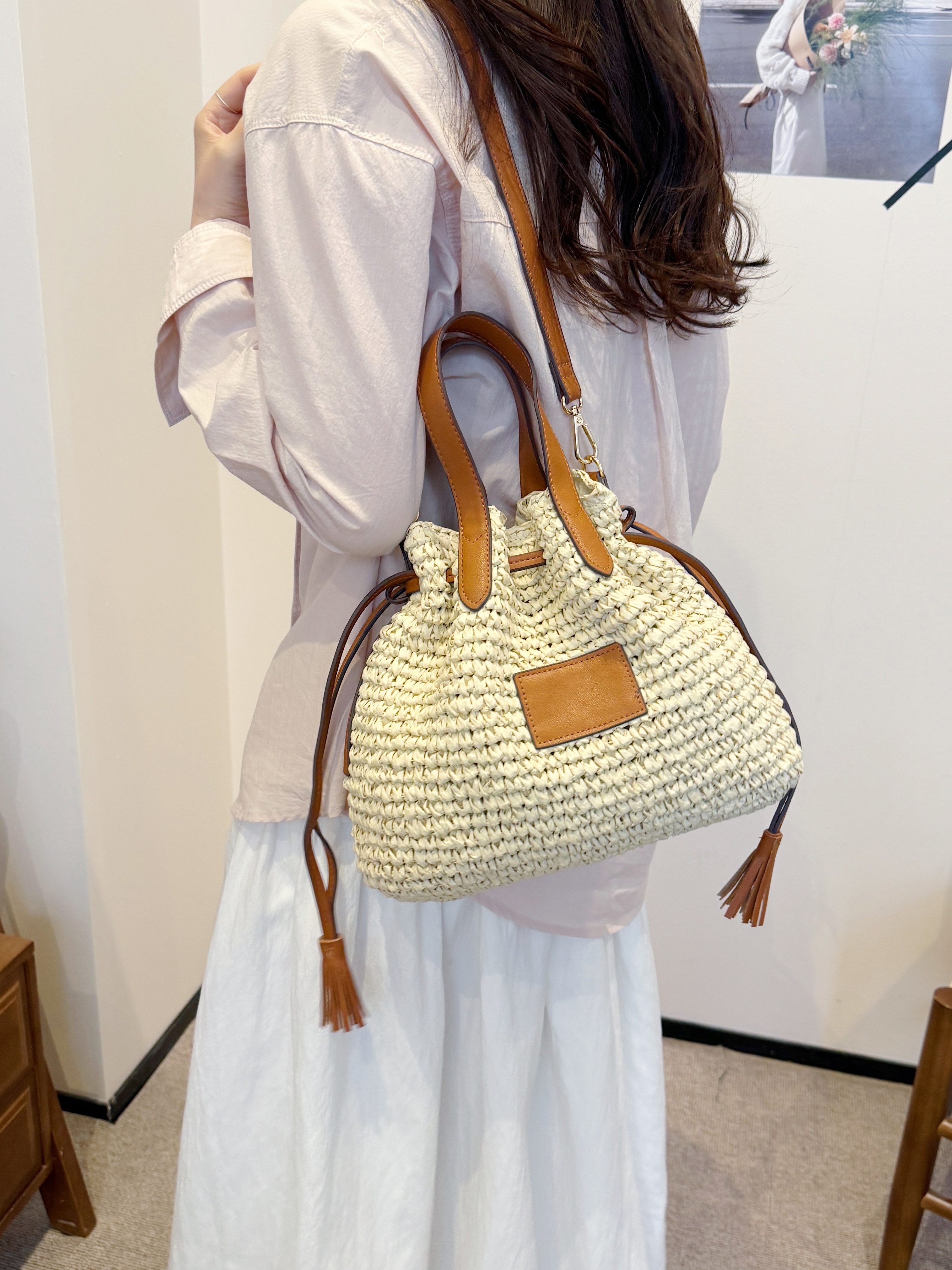 Beige Woven Bucket Shoulder Bag