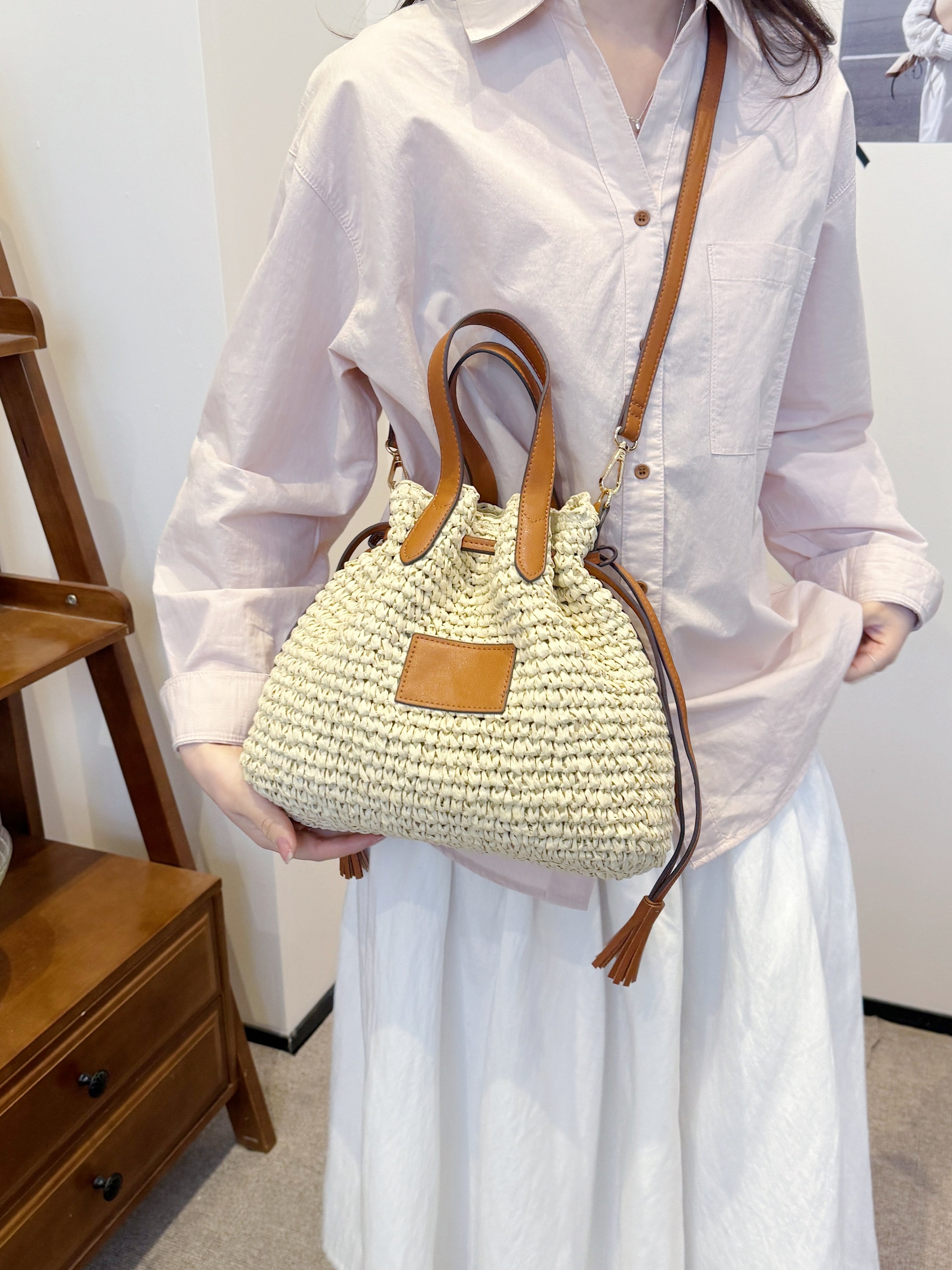 Beige Woven Bucket Shoulder Bag