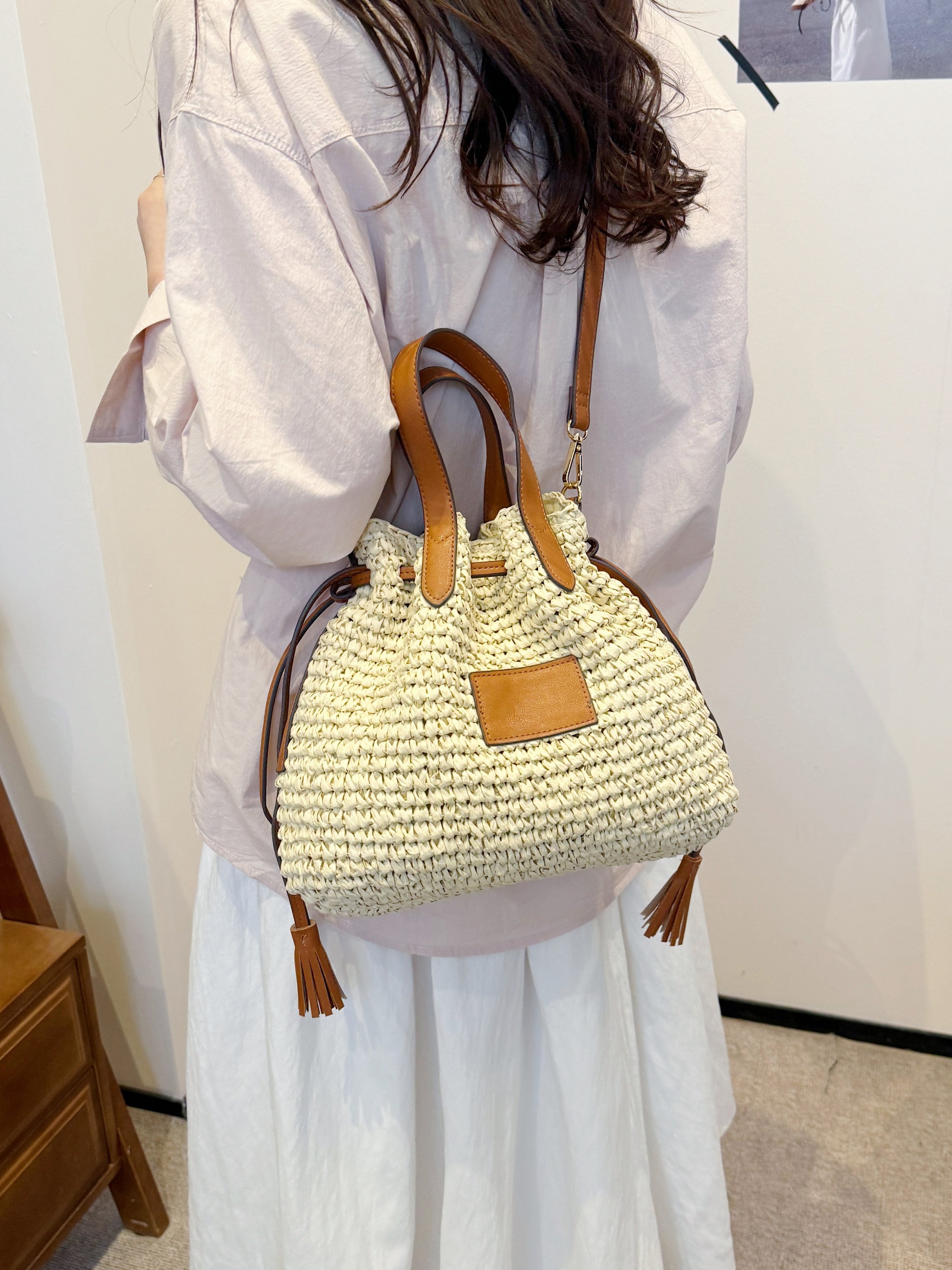 Beige Woven Bucket Shoulder Bag
