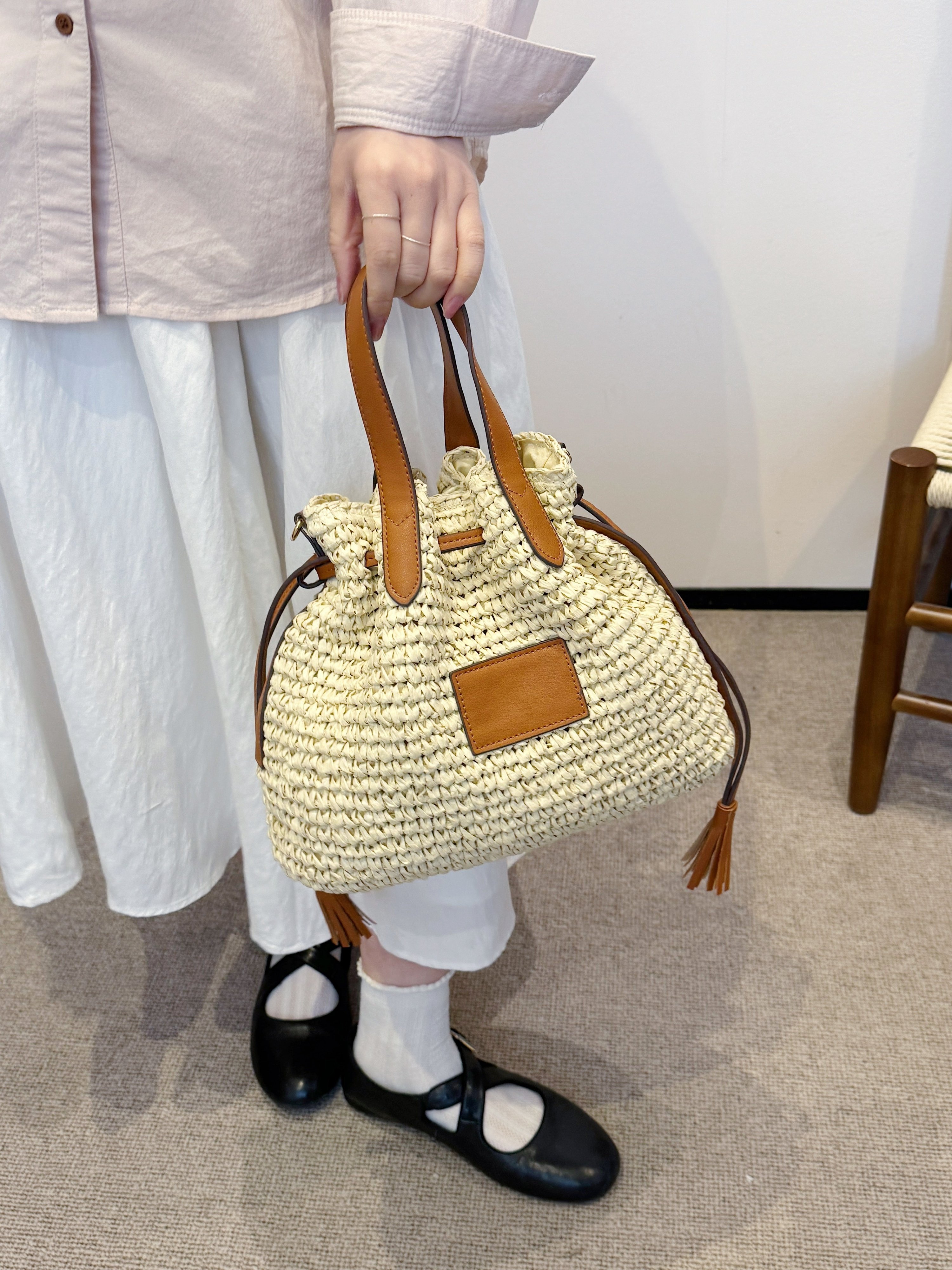 Beige Woven Bucket Shoulder Bag