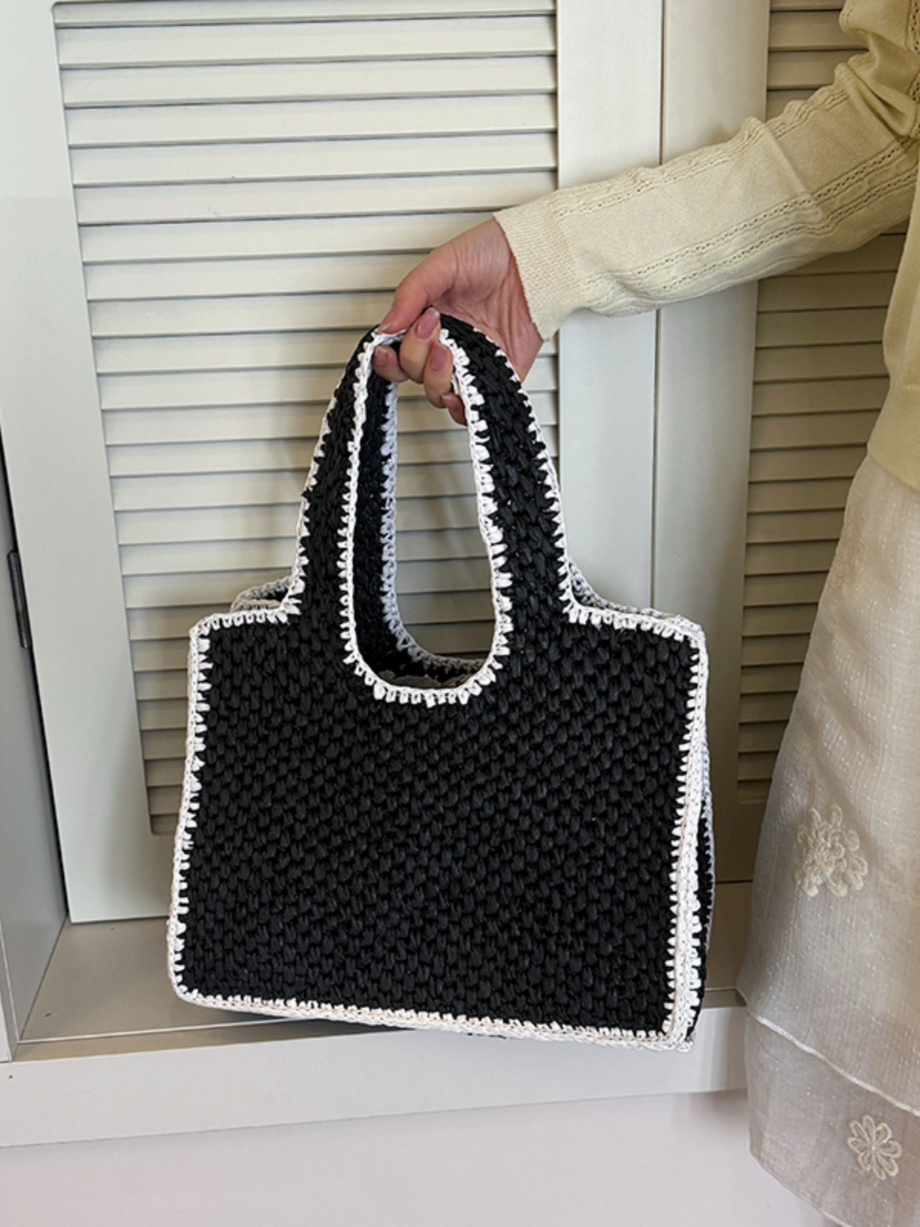 Black Woven Shoulder Bag with White Trim
