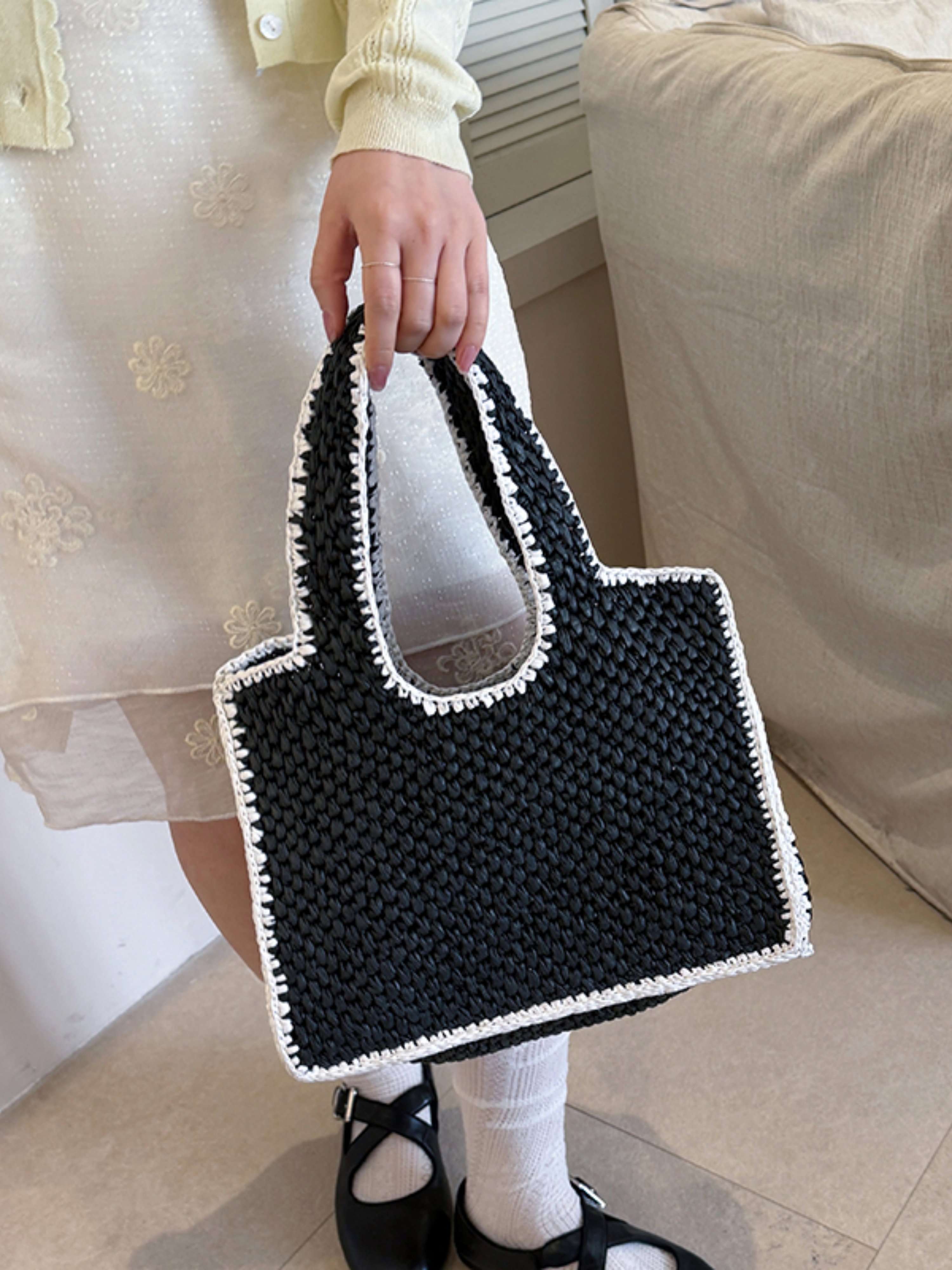 Black Woven Shoulder Bag with White Trim