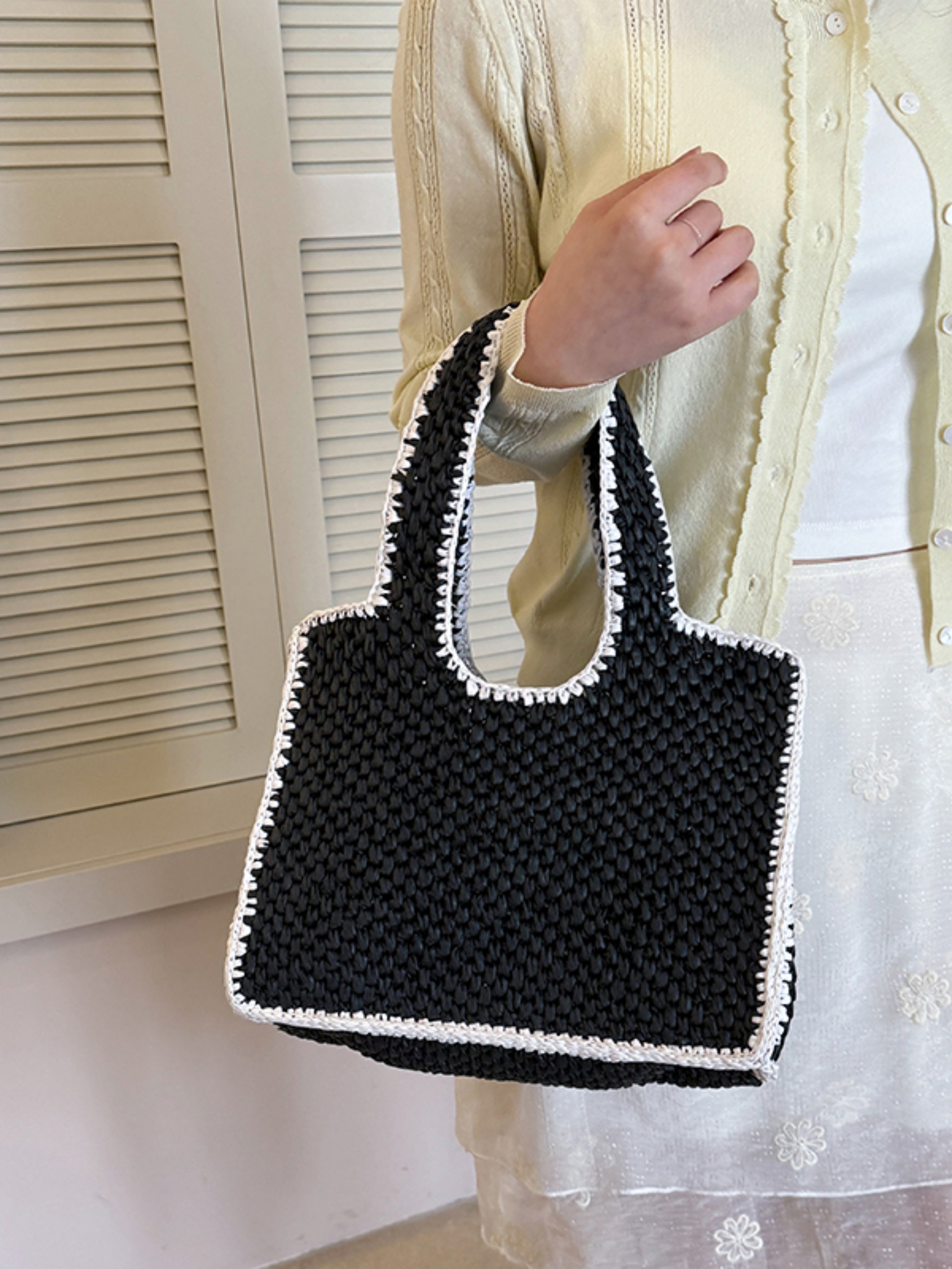 Black Woven Shoulder Bag with White Trim